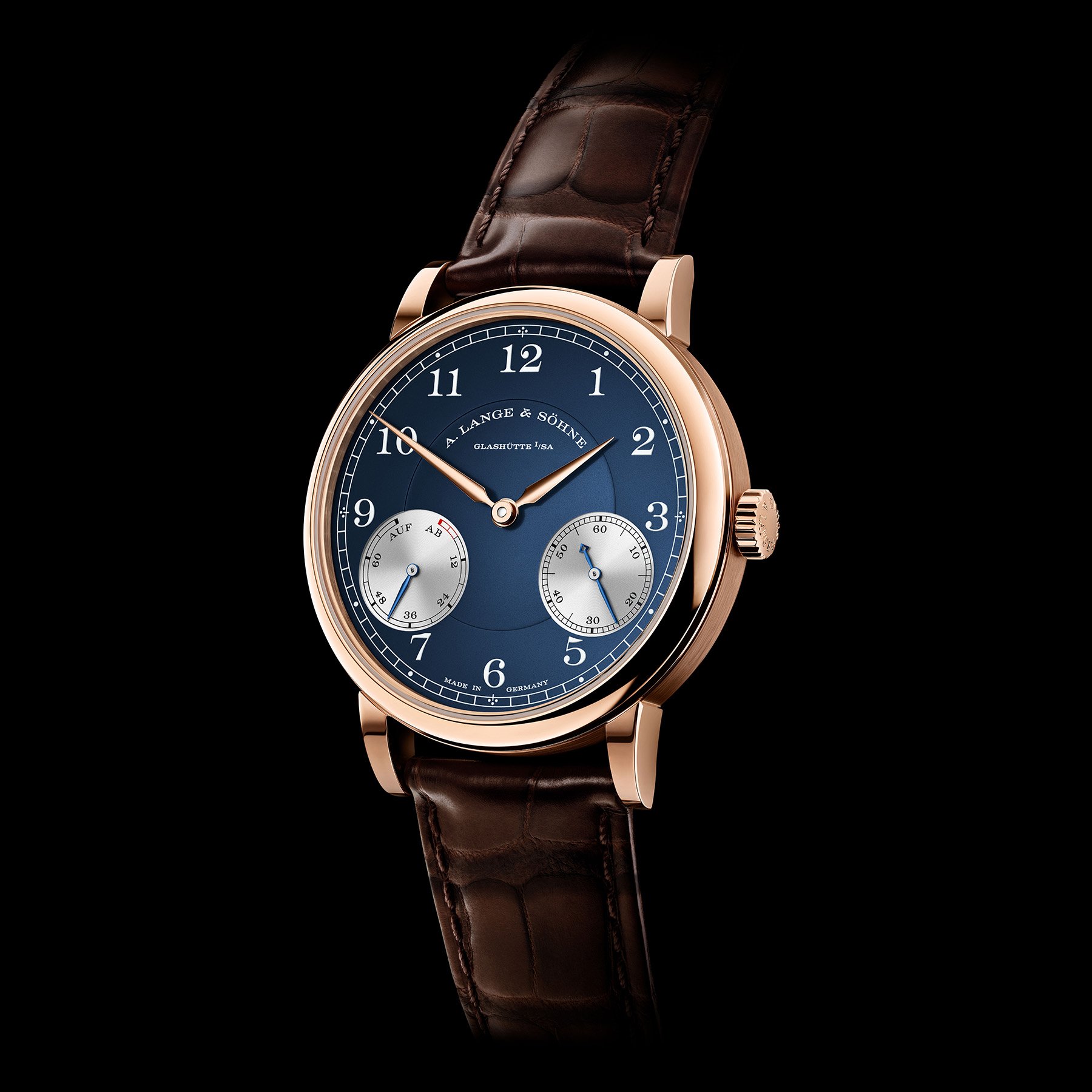 blue-dial A. Lange & Söhne 1815 Up/Down in rose gold, upright