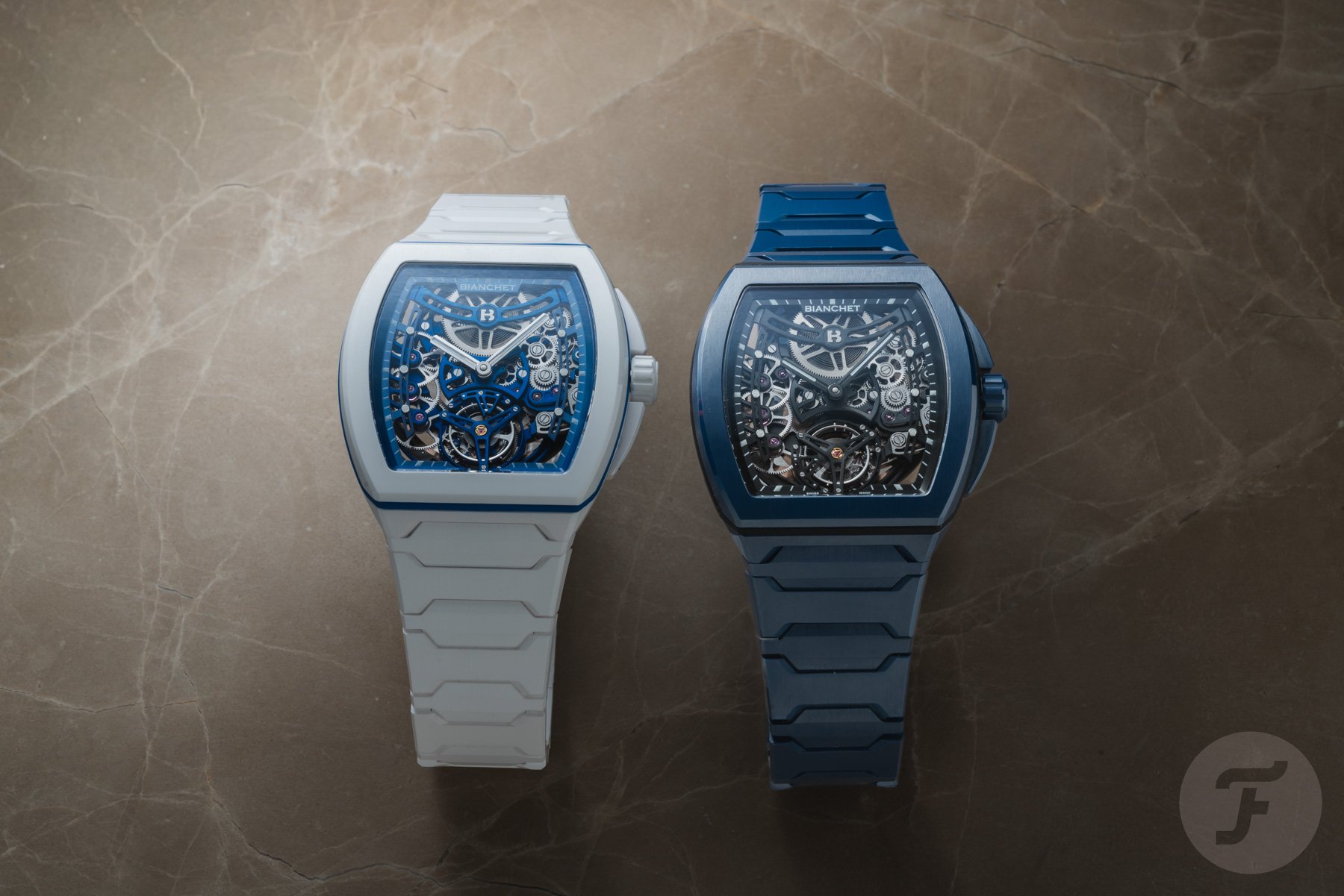 Bianchet Tonneau UltraFino Ceramic Skeleton Deep Blue and White side by side