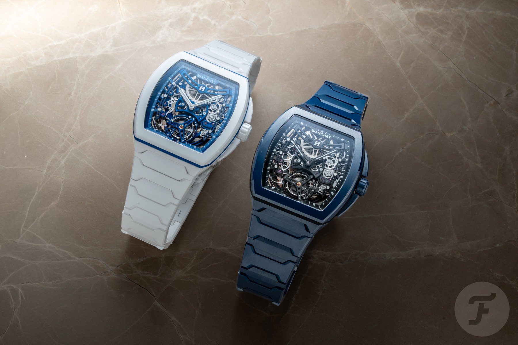 The Bianchet Tonneau Ultrafino Ceramic Skeleton Deep Blue and White side by side