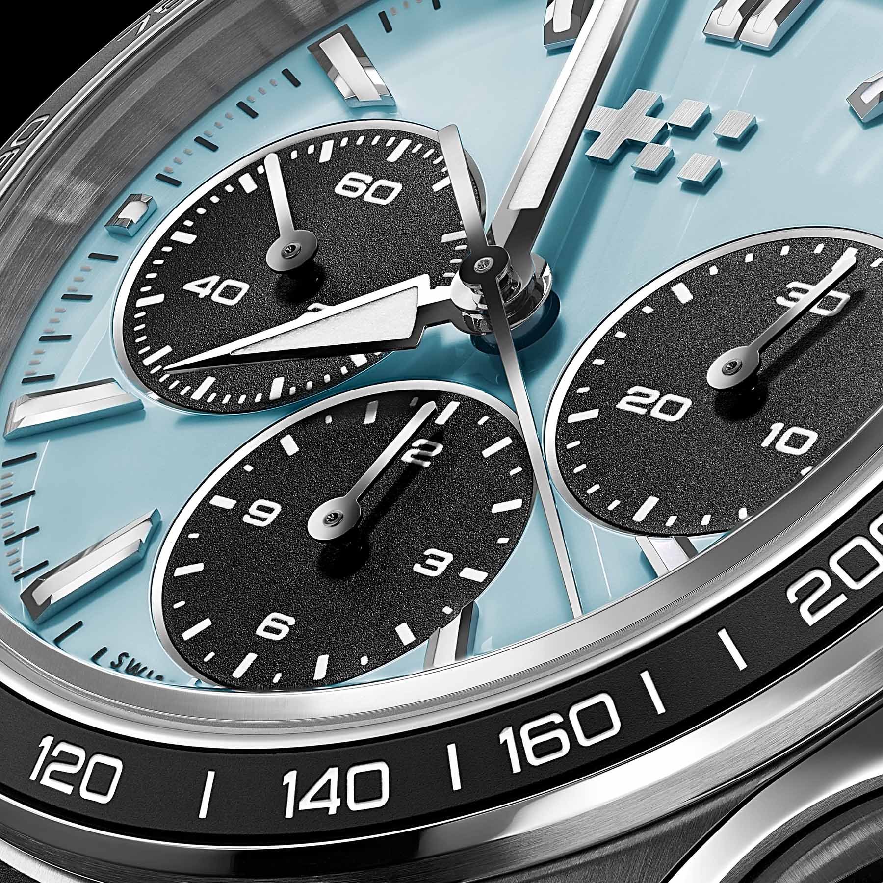 Christopher Ward C63 Sealander Chronograph sky-blue dial up close
