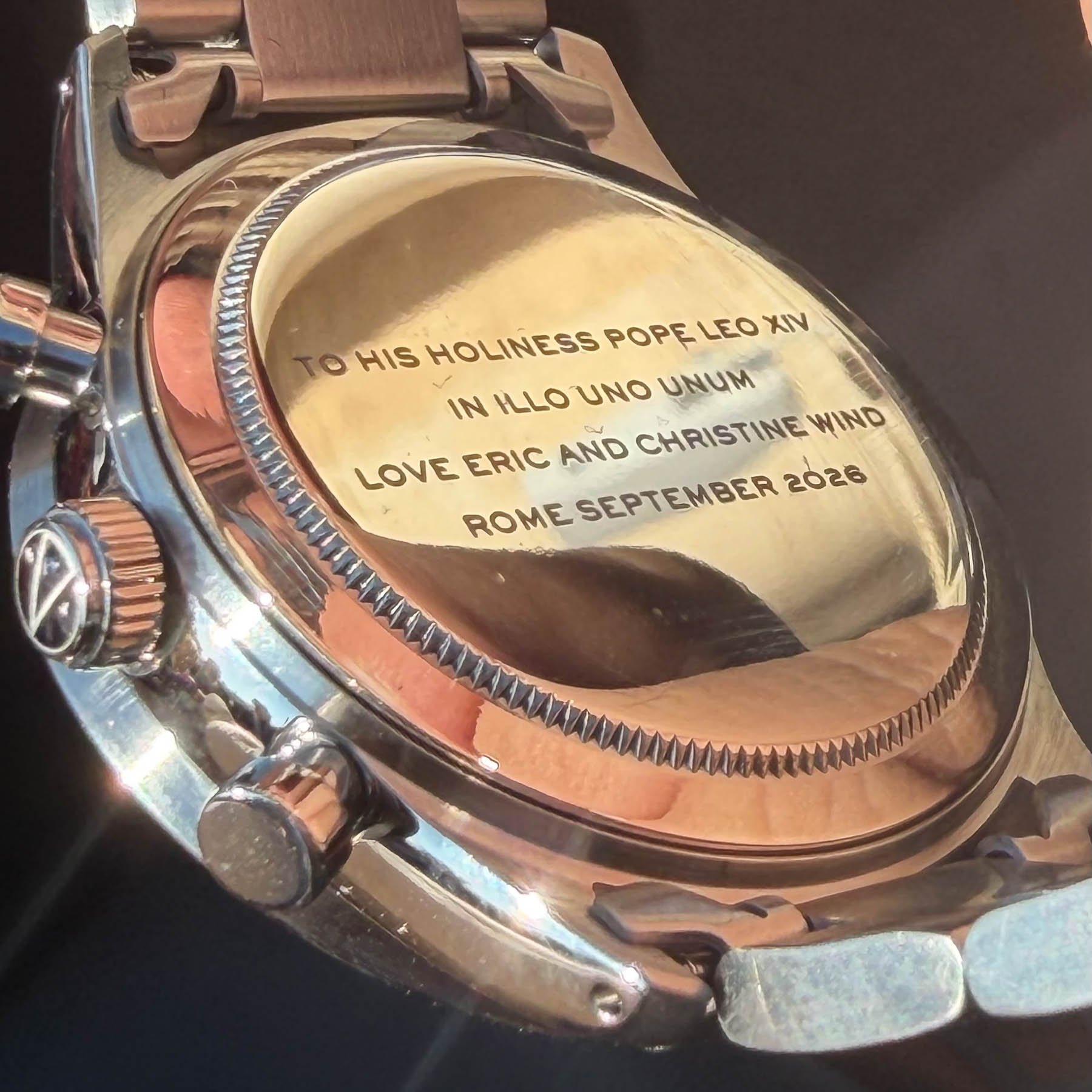 Wind Vintage × True North Vintage Rally Timer IV Dreamsicle case back with dedication to Pope Leo XIV