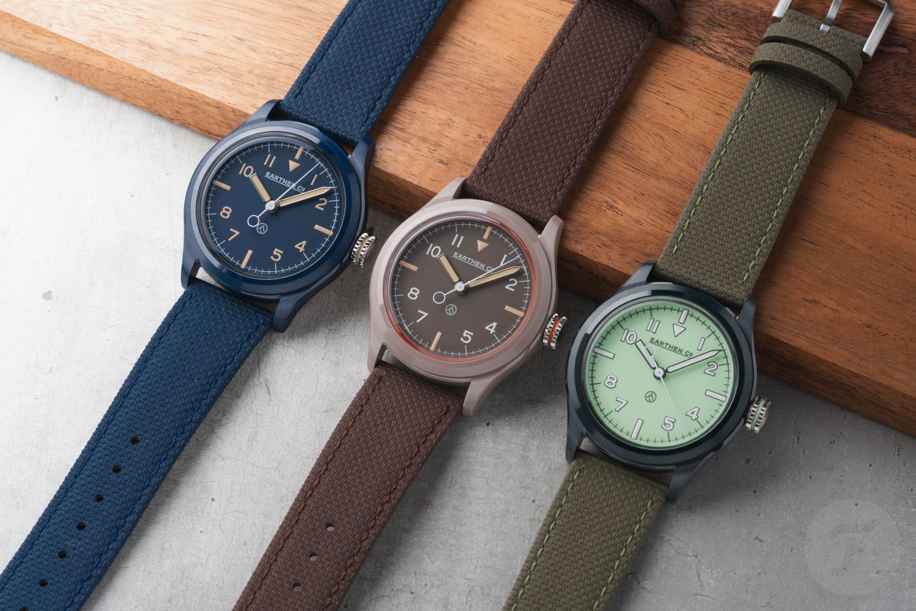 Earthen Co. Summit MK II Après-Bleu, Dune Devil, and Glade lined up