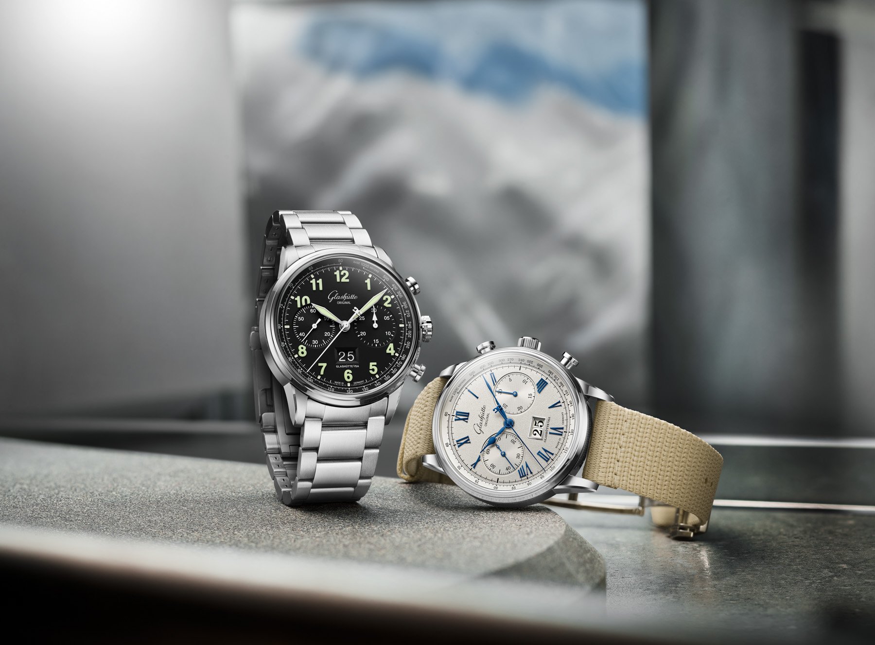 Glashütte Original Senator Chronograph Navigator upright and Senator Chronograph on its side