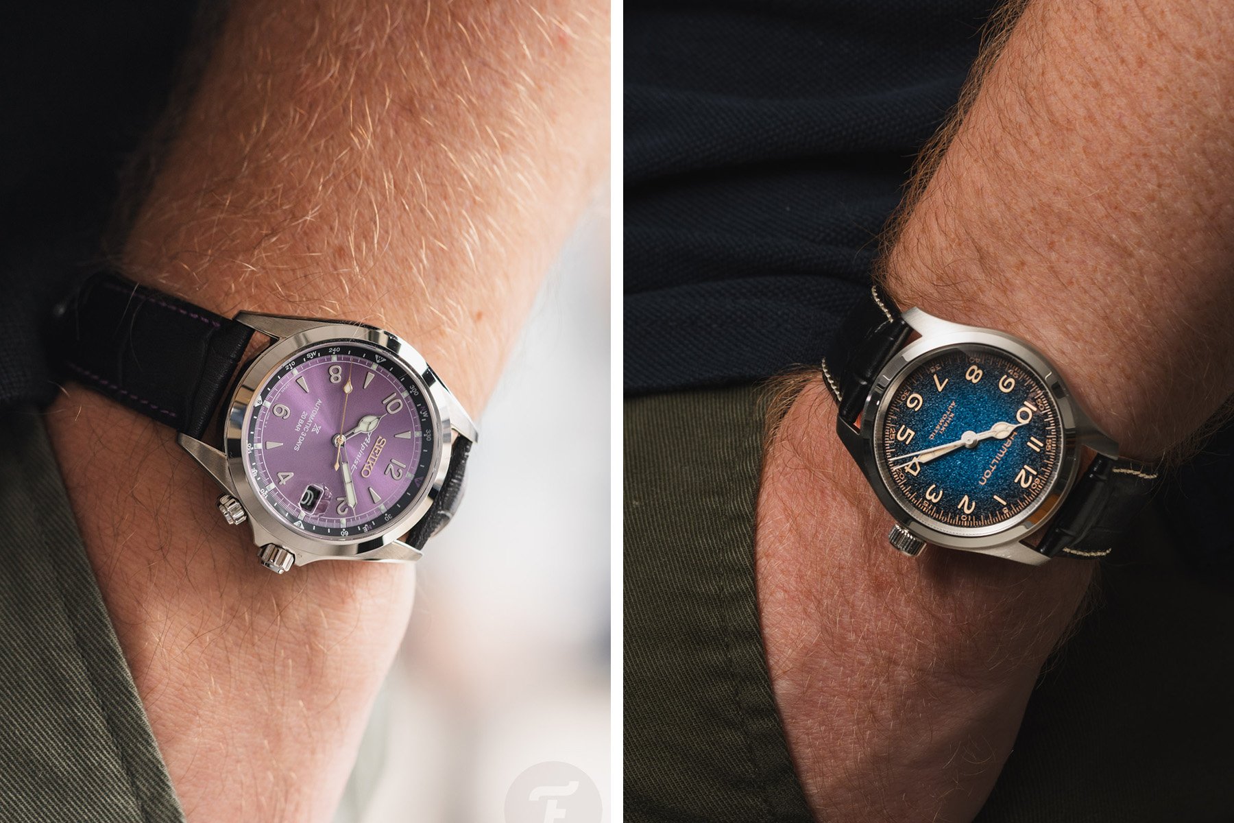Seiko Prospex Alpinist HBC006 vs. blue-dial Hamilton Khaki Field Murph 38mm collage