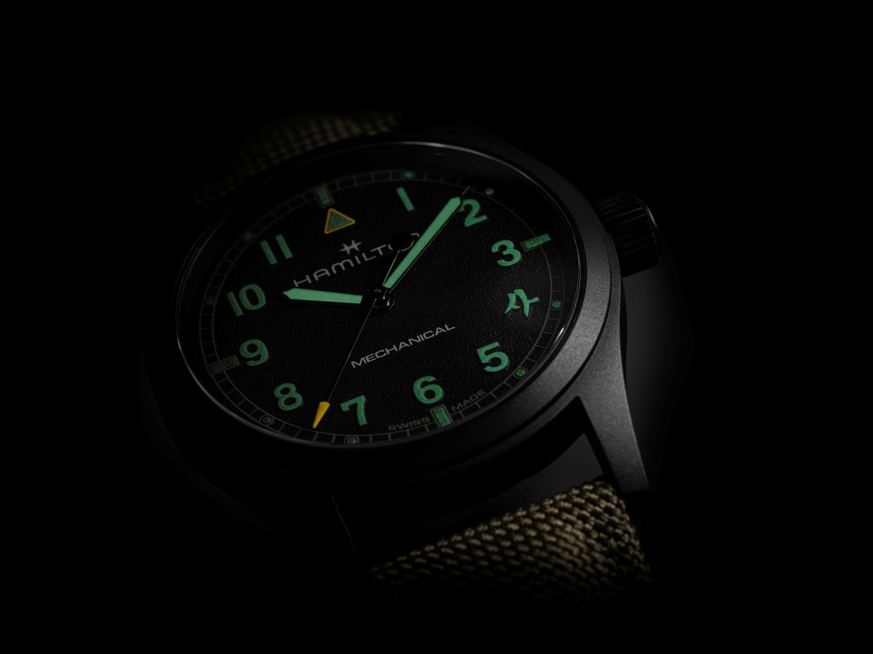 Lume shot of the Hamilton Khaki Field Mechanical 38mm for Call of Duty: Modern Warfare 4