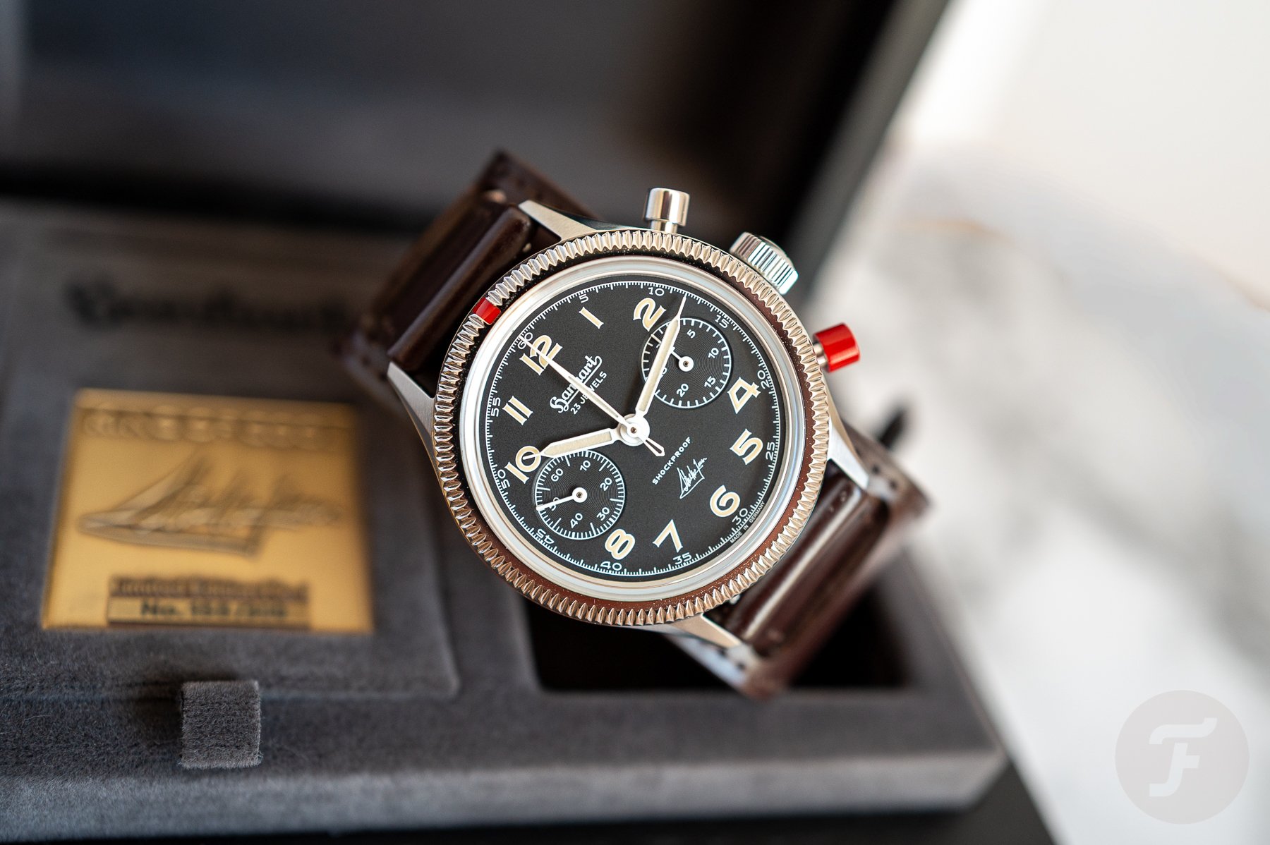 Hanhart 417 ES Steve McQueen Limited Edition No. 1 on its side in its box