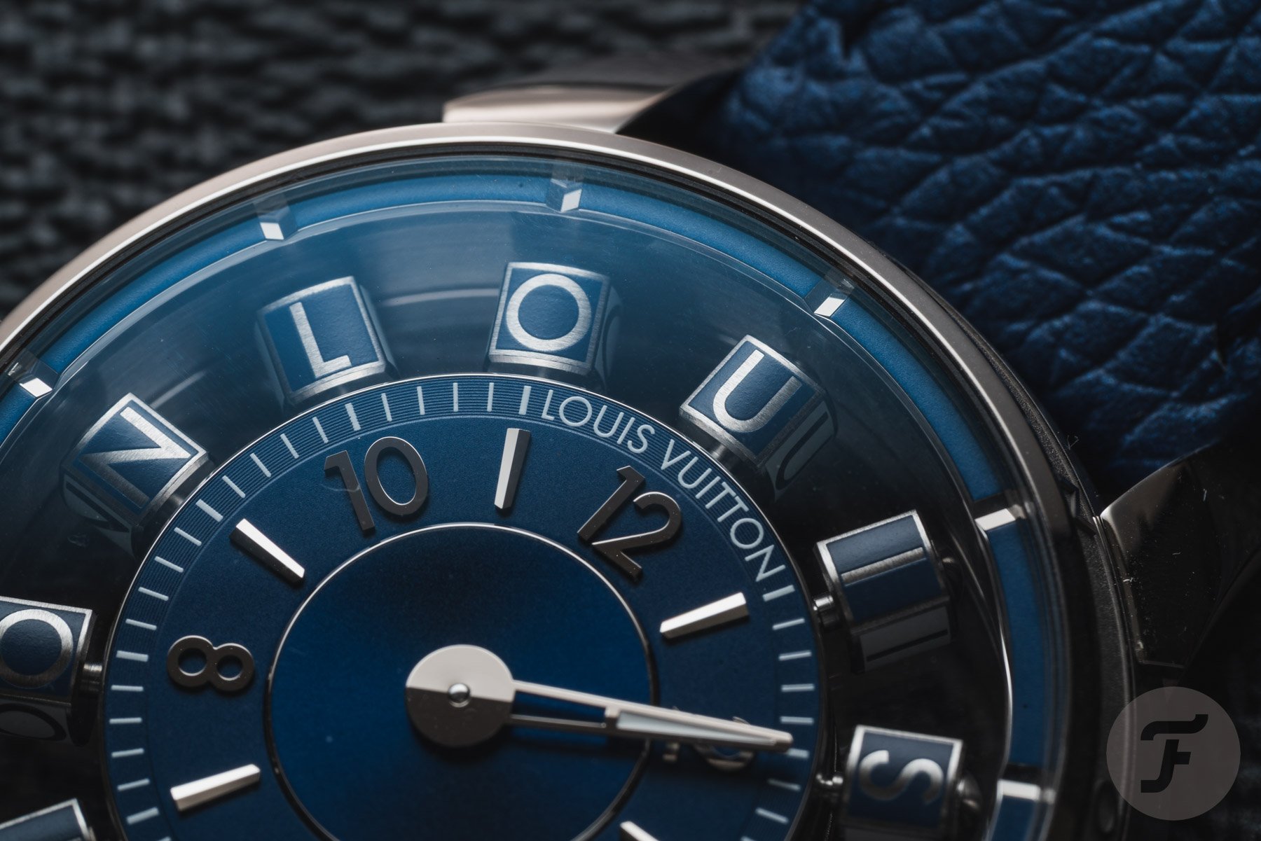 Louis Vuitton Tambour Spin Time Air Blue dial macro