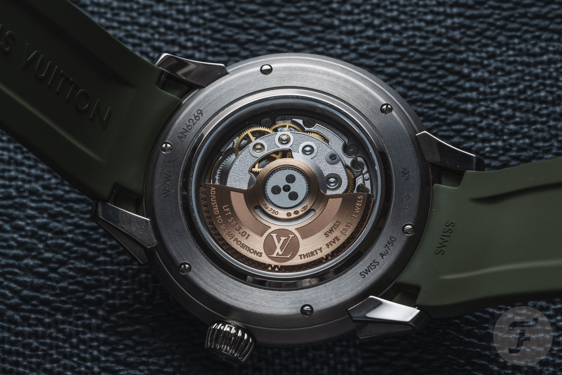 Louis Vuitton Tambour Spin Time Green case back and movement