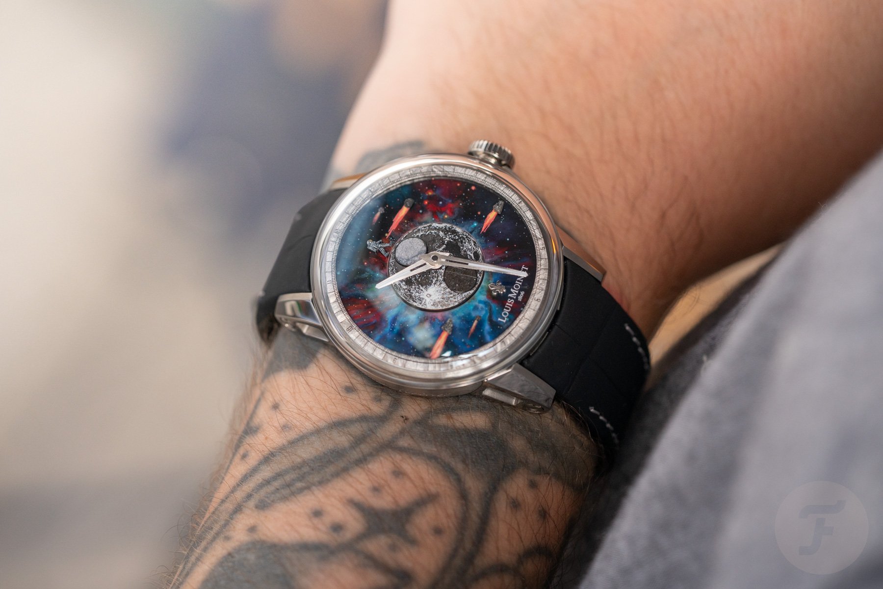 Louis Moinet Moon Meteor wrist shot dial painting
