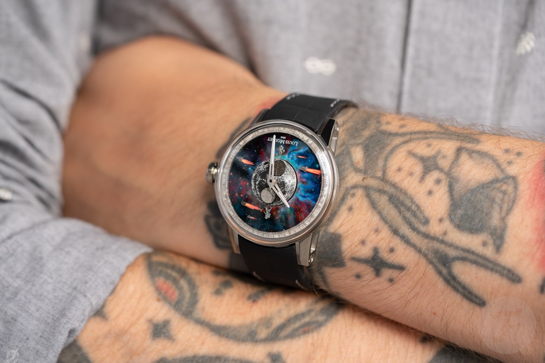 Louis Moinet Moon Meteor on wrist, arms crossed
