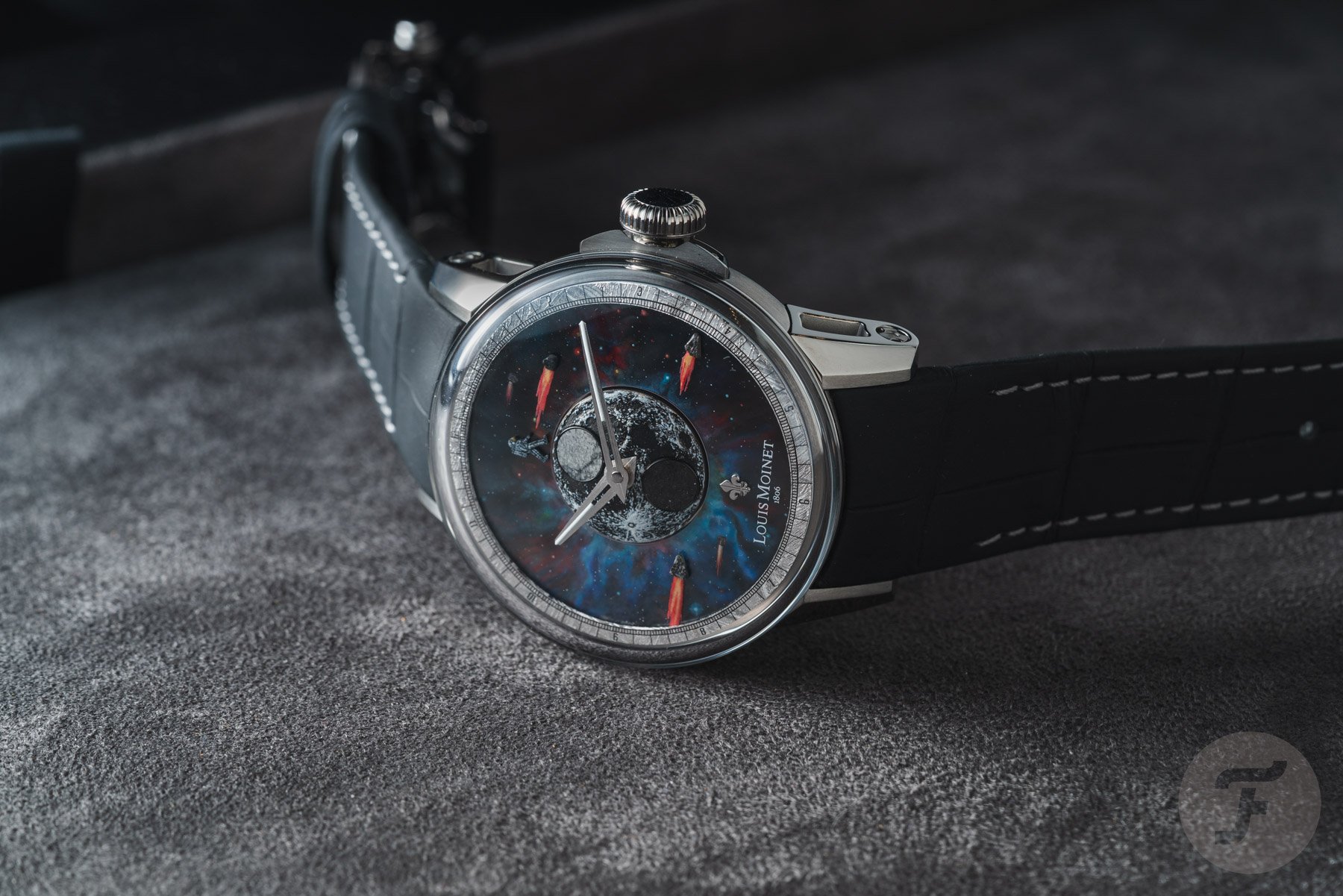 Louis Moinet Moon Meteor on its side, crown up