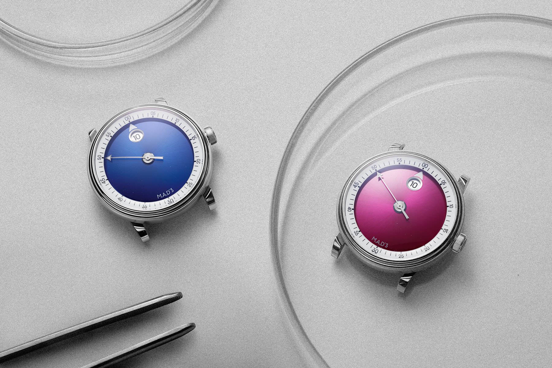 blue- and pink-dial M.A.D.3: Vincent Calabrese models