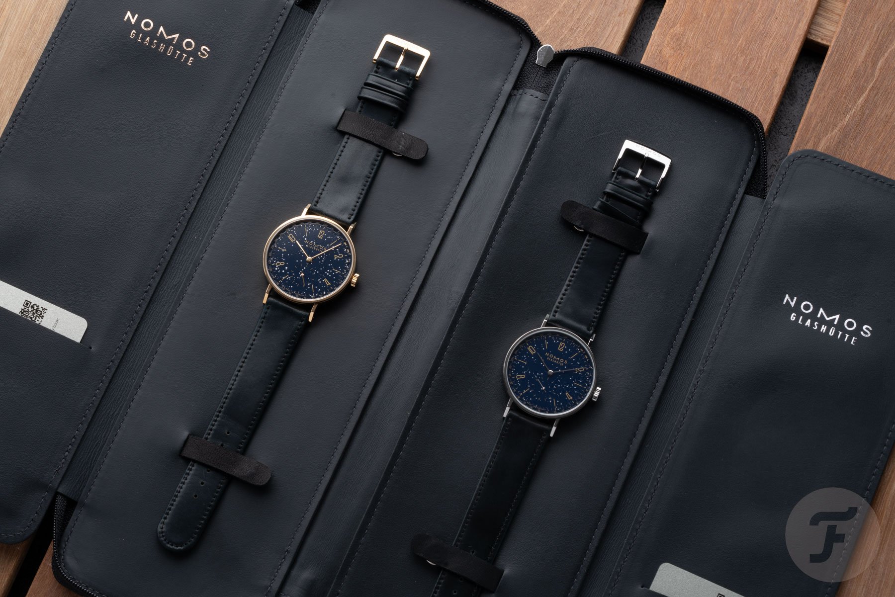 Nomos Twice Unique Tangente Neomatik 38 Urania watches side by side packaging