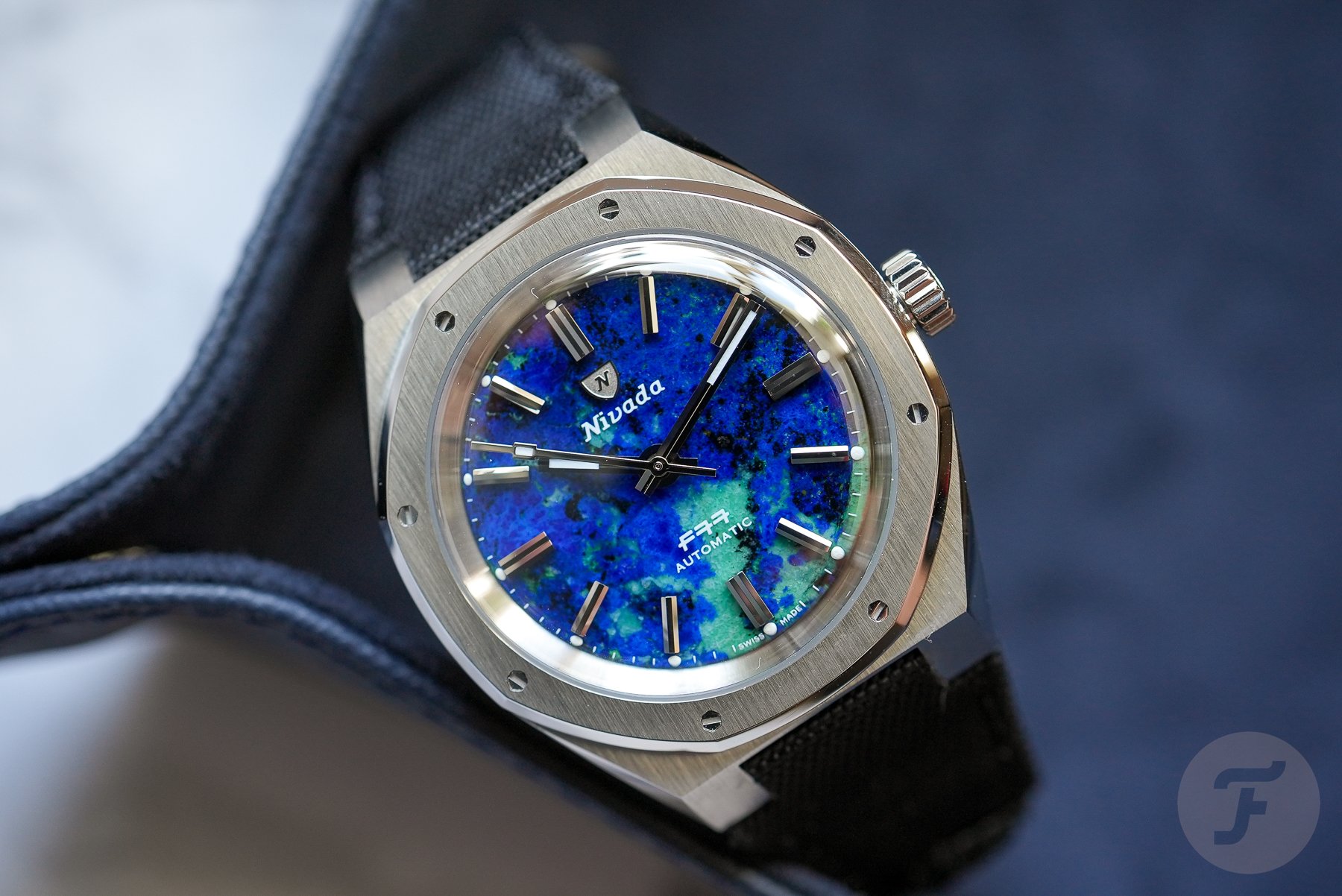 Nivada Grenchen F77 MKII Azurite in corner of tray