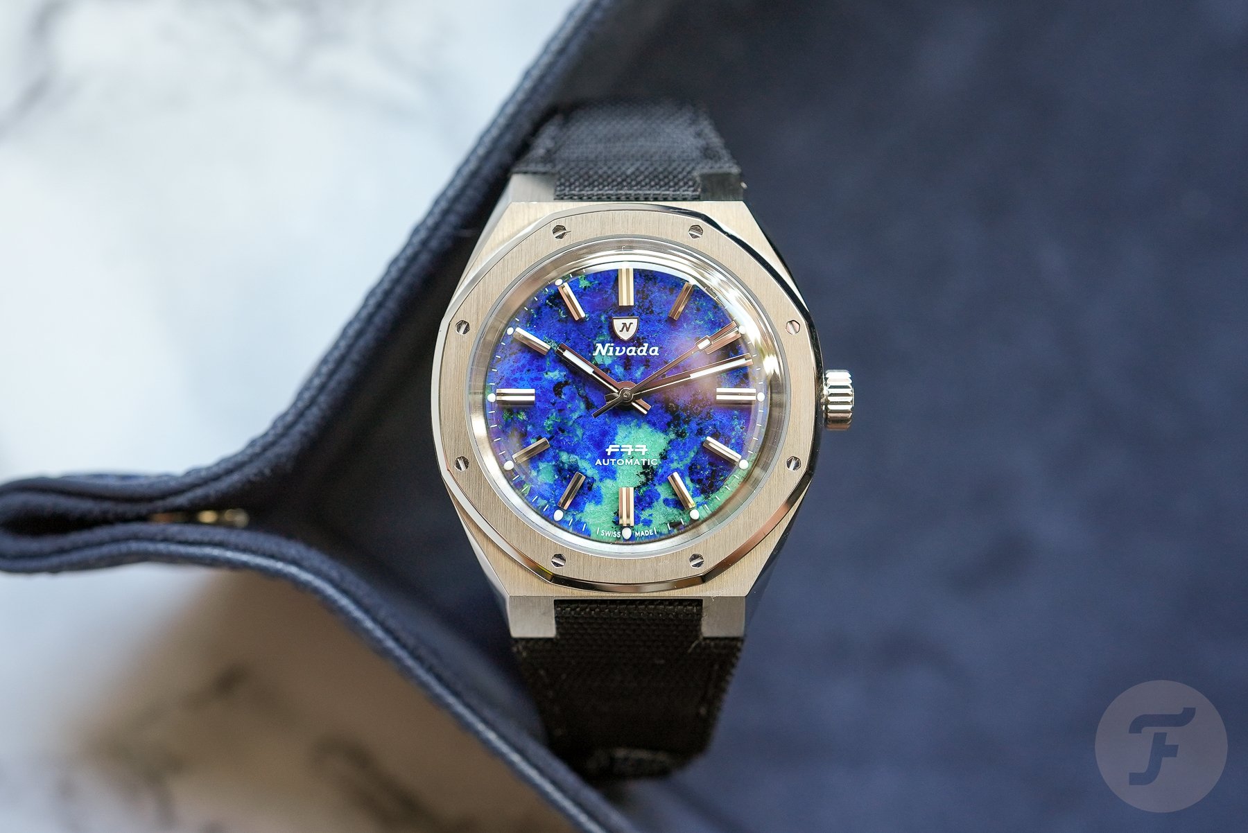 Nivada Grenchen F77 MKII Azurite in corner of tray