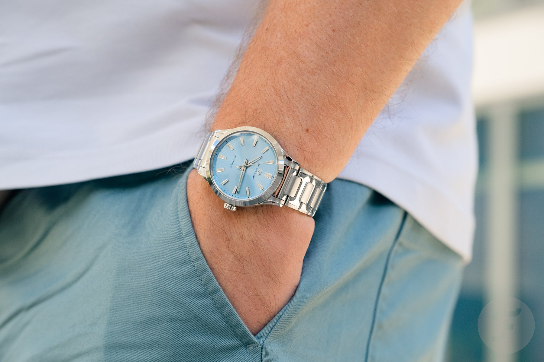 blue-dial Orient Star Sakigake Three Hand pocket shot