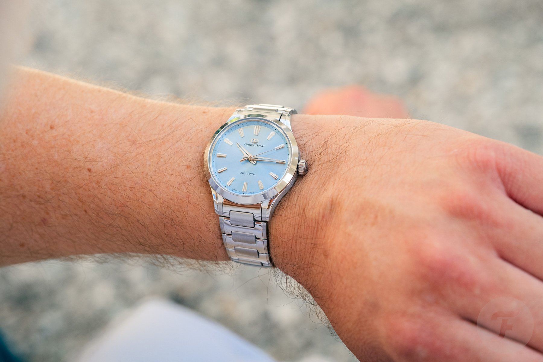 blue-dial Orient Star Sakigake Three Hand on wrist