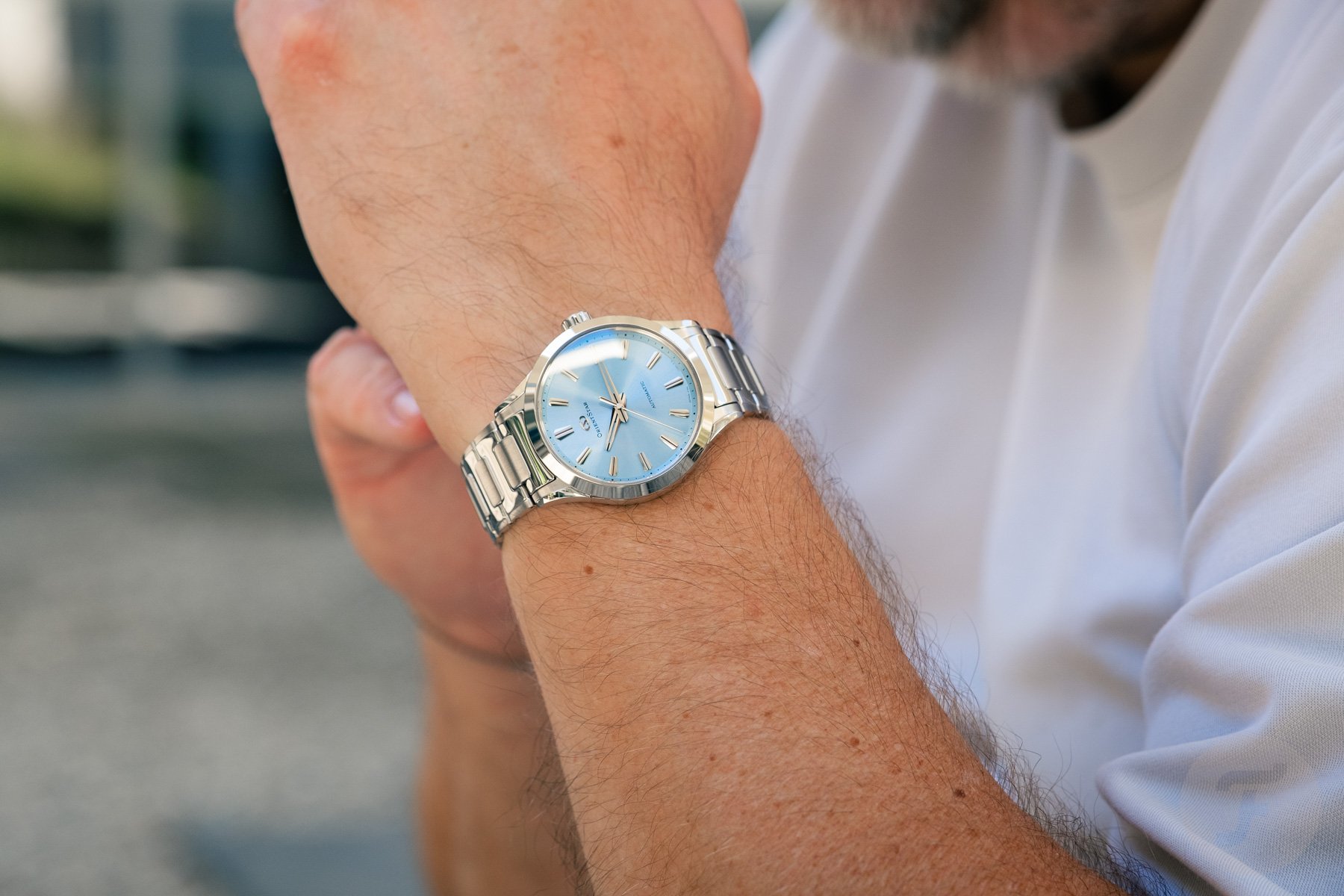 blue-dial Orient Star Sakigake Three Hand on wrist
