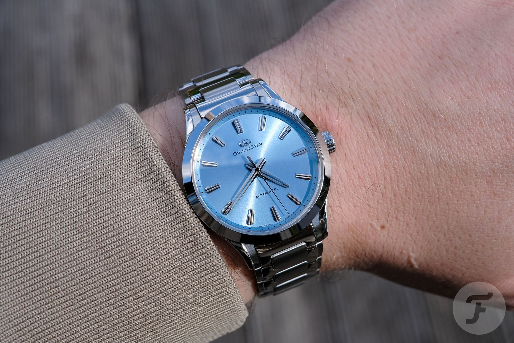 blue-dial Orient Star Sakigake Three Hand wrist shot