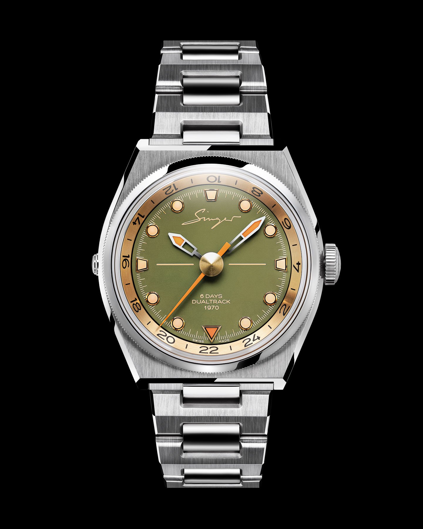 September 2026 releases — green-dial Singer Reimagined 1970 DualTrack head on