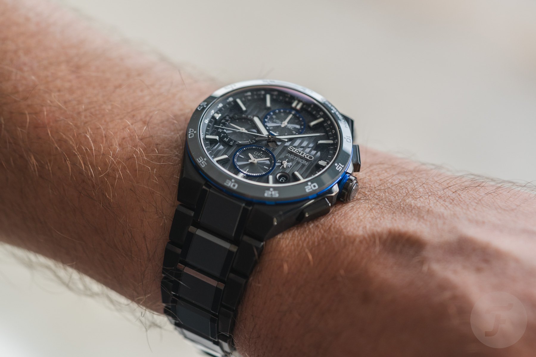 Wristshot of the Seiko Astron GPS Solar Dual Time Chronograph HAB008