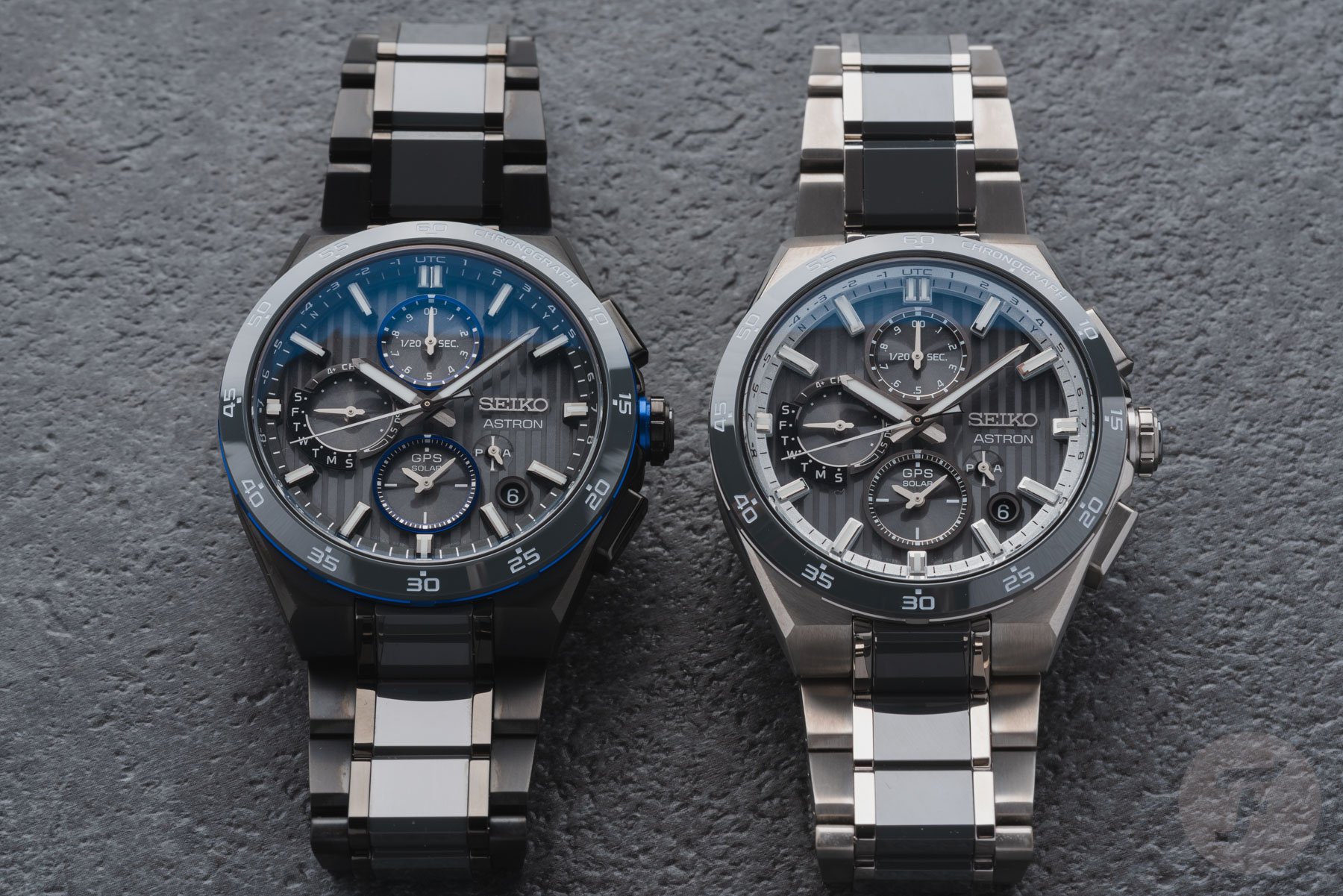 Seiko Astron GPS Solar Dual Time Chronograph HAB008 and HAB007 side by side