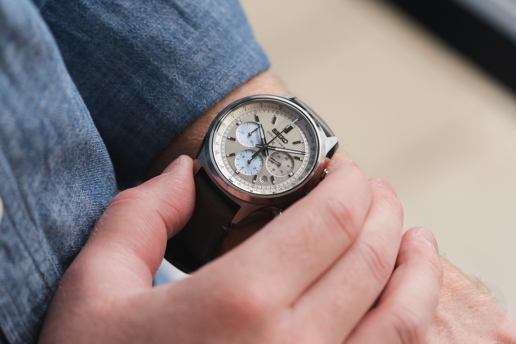 Seiko Speedtimer Mechanical Chronograph HBD002 on wrist, finger on pusher