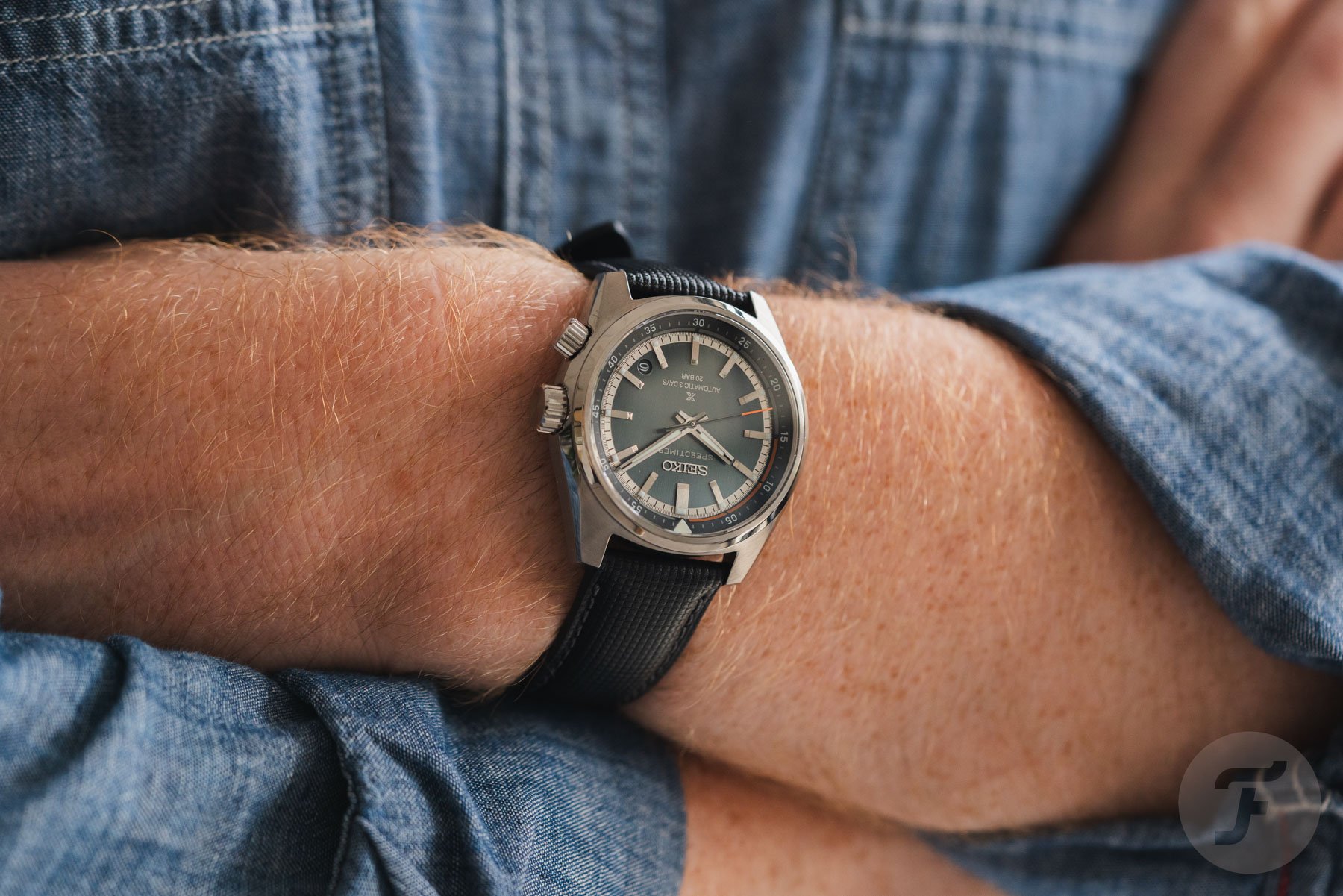 Seiko Prospex Speedtimer Mechanical HBC004 on wrist, arms crossed