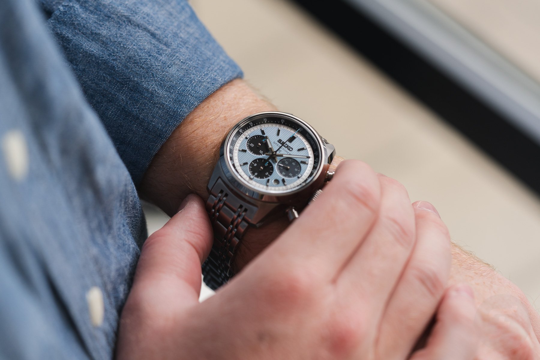 Seiko Speedtimer Mechanical Chronograph HBD001 on wrist, finger on pusher