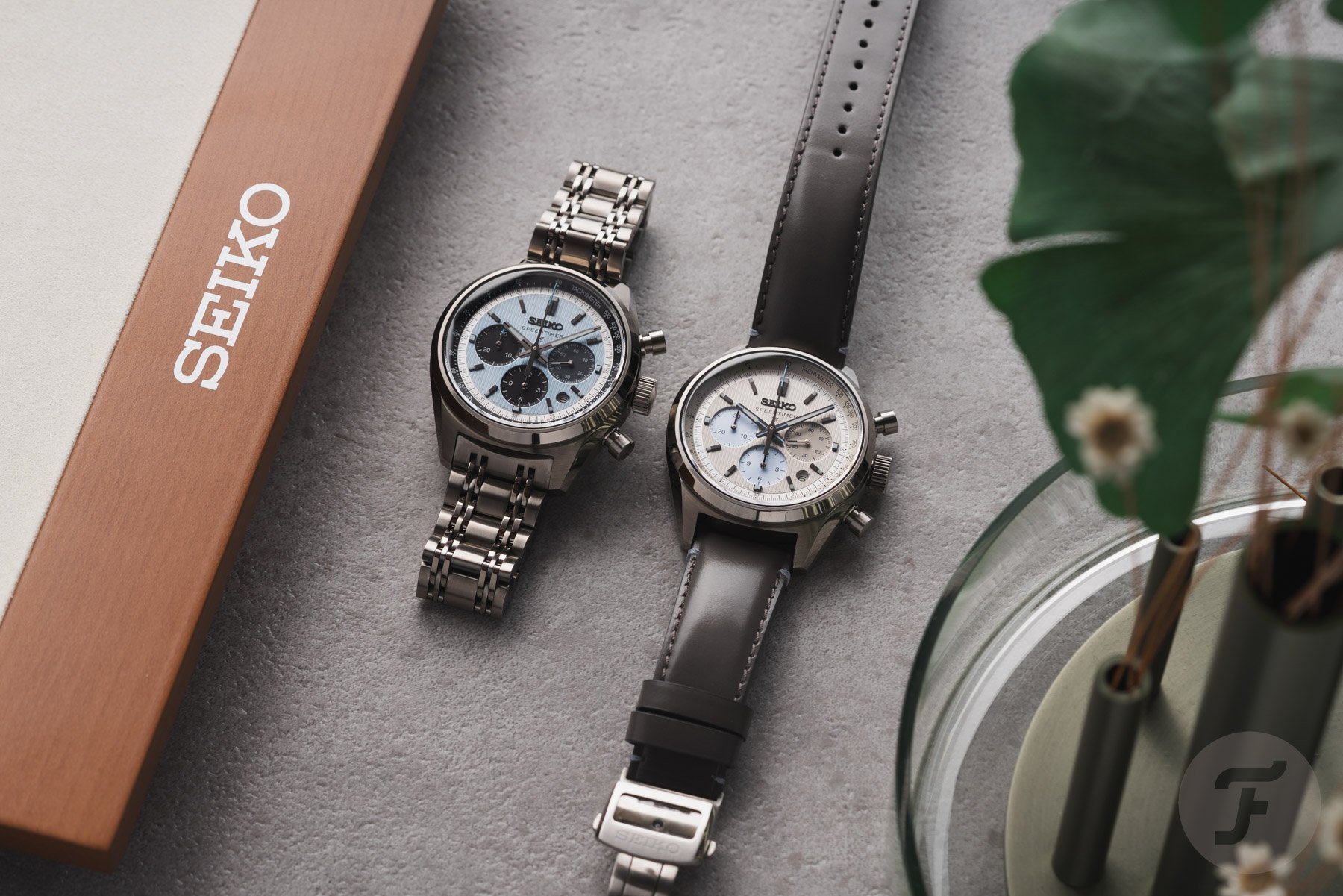 Seiko Speedtimer Mechanical Chronograph HBD001 and HBD002 side by side, flat-lay