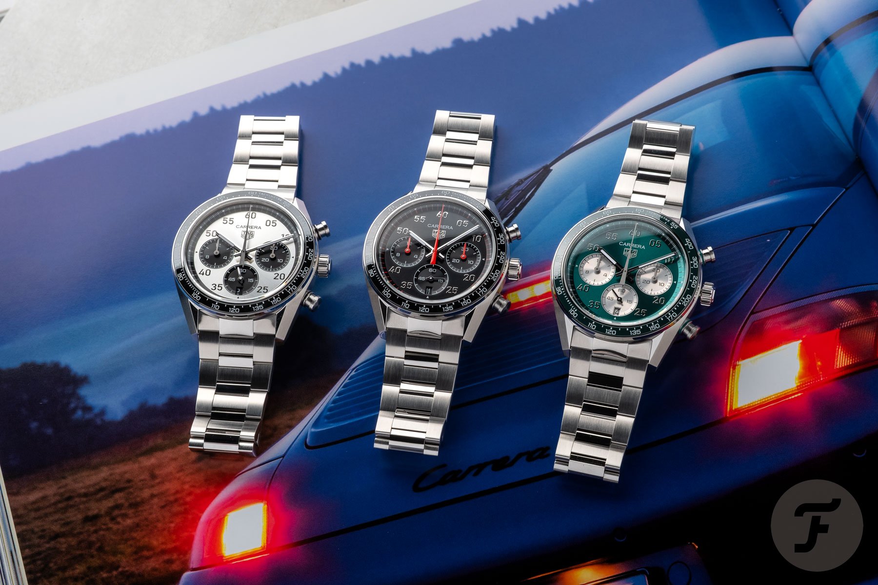 three 2026 TAG Heuer Carrera Chronograph Sport models lined up, flat-lay