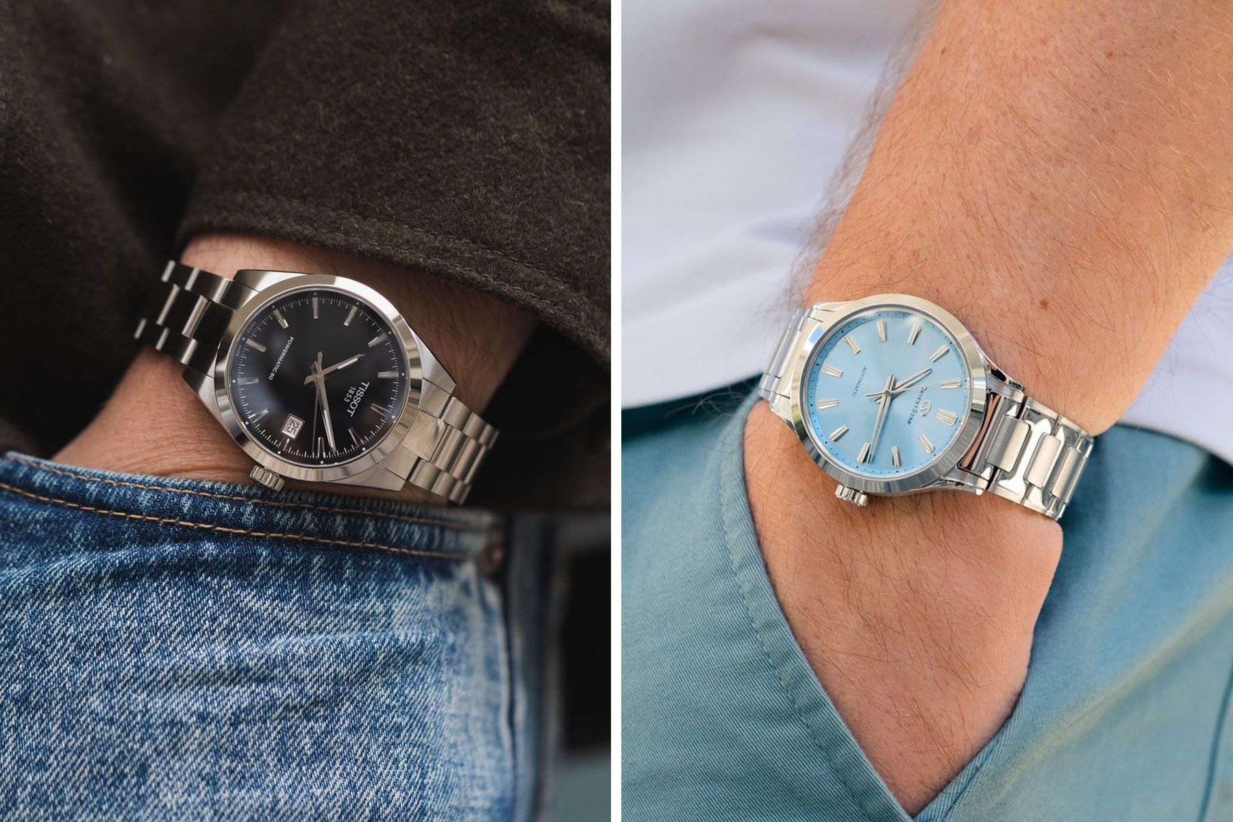 Tissot Gentleman 38mm vs. Orient Sakigake Three Hand pocket shot collage