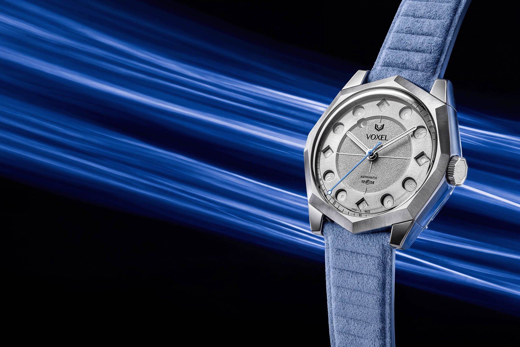 silver-dial Voxel Meridion upright, tilted