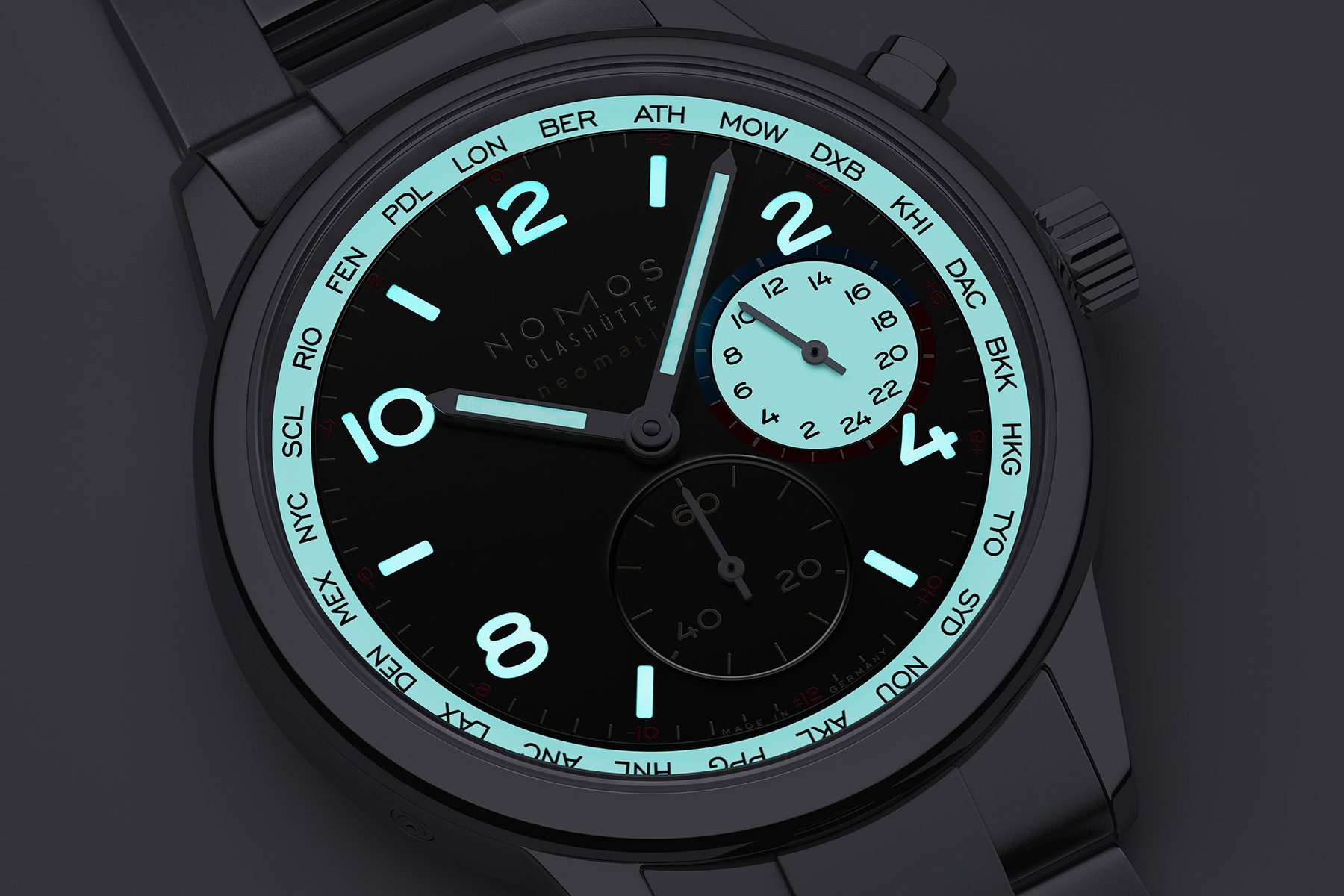 September 2026 releases — Nomos Club Sport Neomatik Worldtimer Dark lume shot