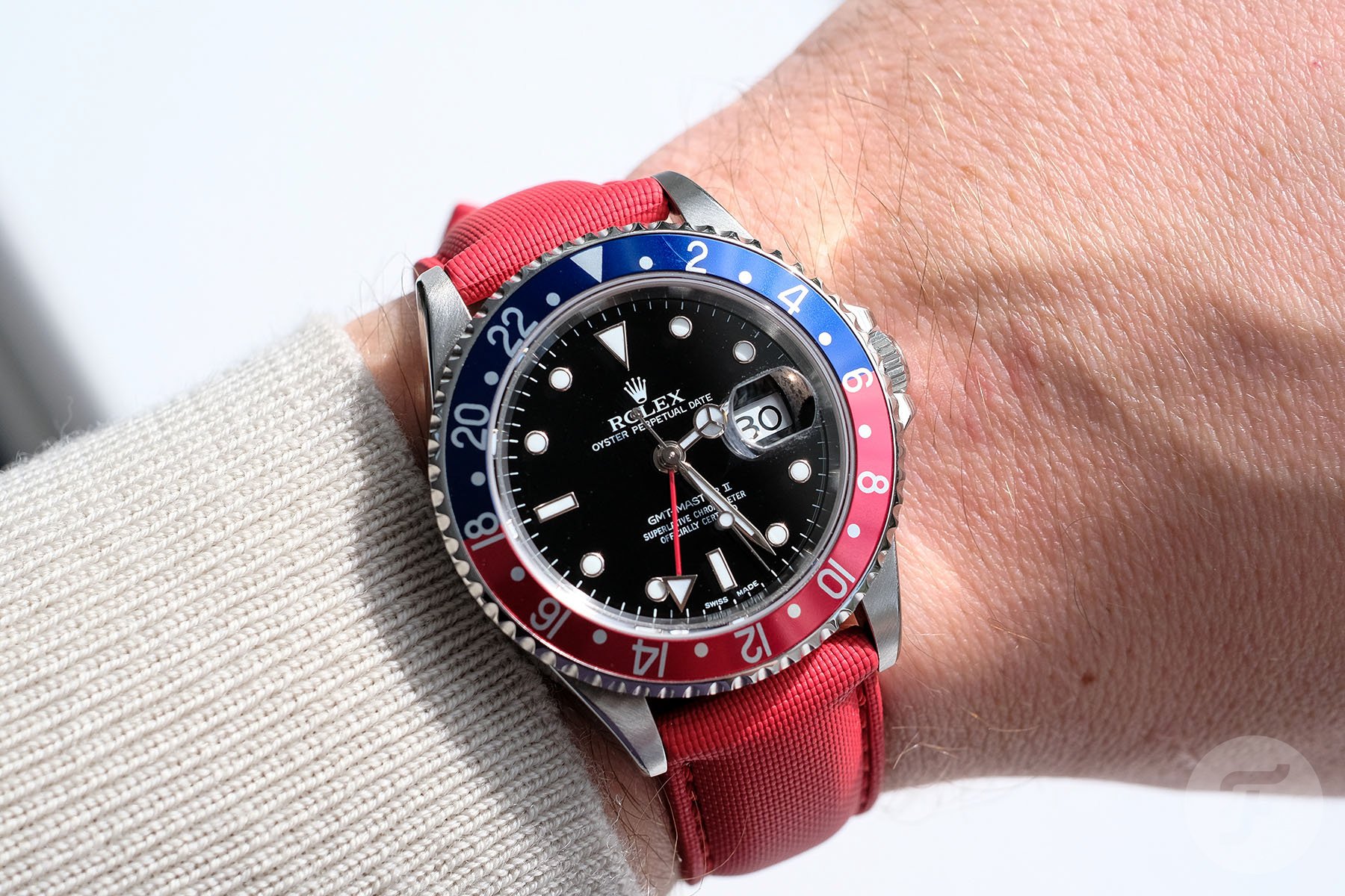 Rolex GMT-Master II with Artem Classic Hydroflex V2 Blood Moon strap, wrist shot