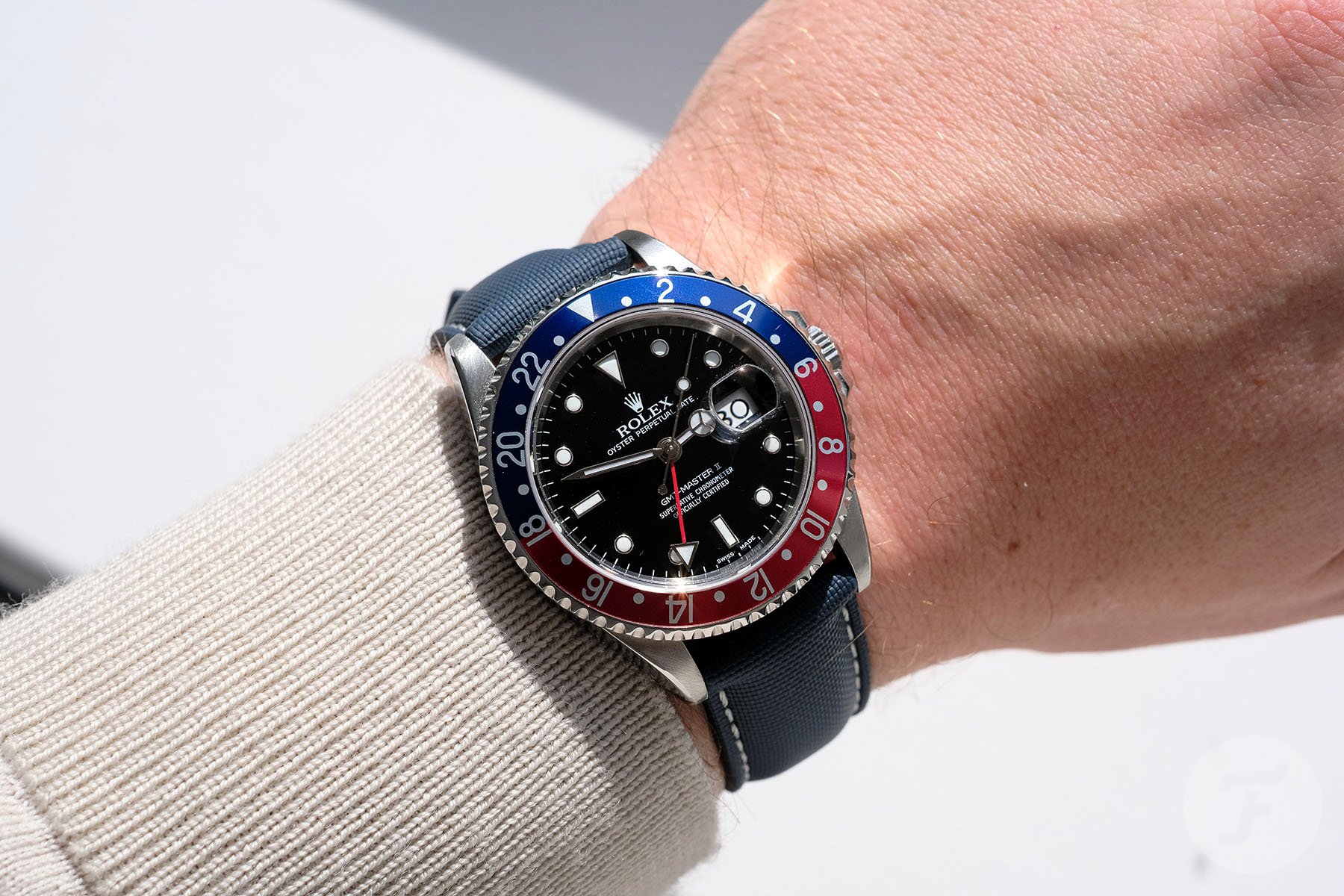 Artem Classic Hydroflex V2 Cosmic Tide strap on Rolex GMT-Master II, wrist shot