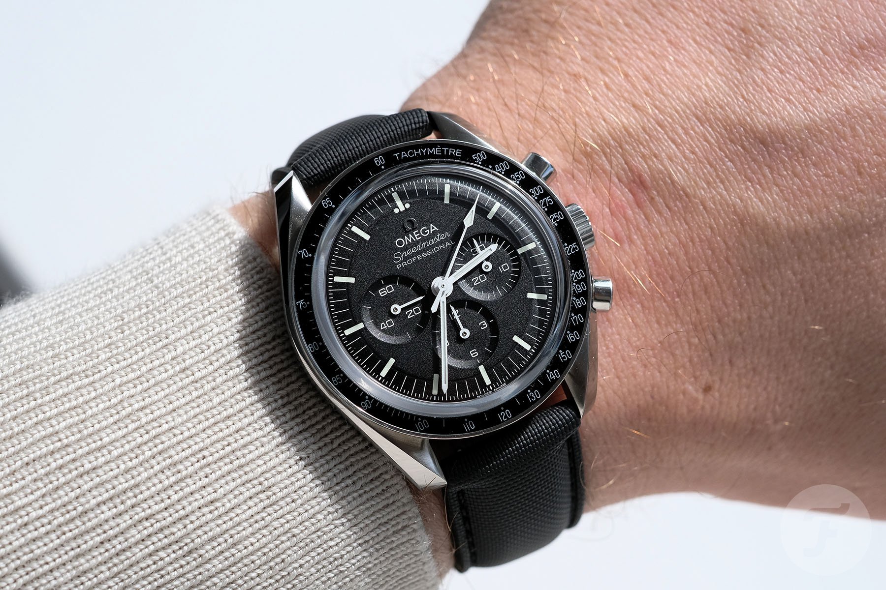Omega Speedmaster Moonwatch with Artem Classic Hydroflex V2 Dark Matter strap, wrist shot