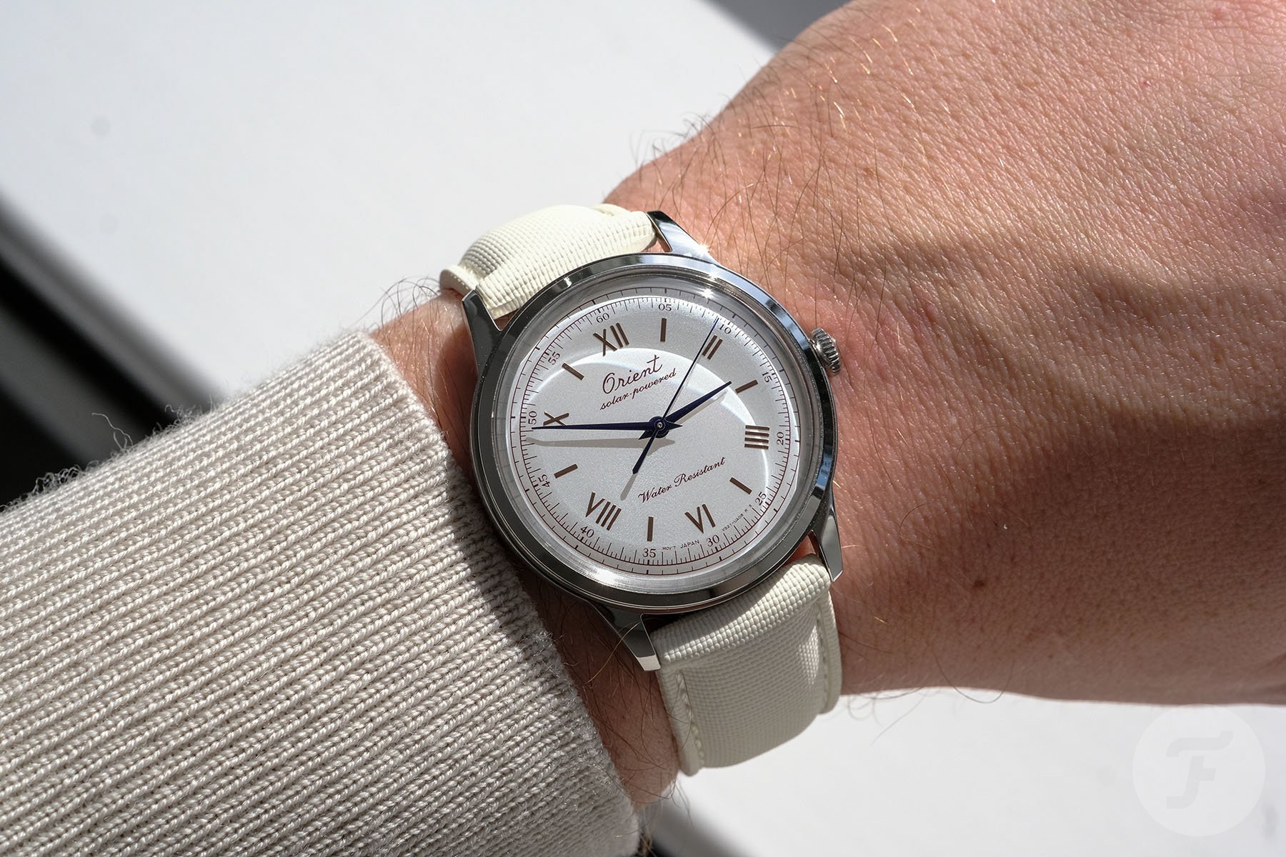 Orient Bambino 38 Solar-Powerded 75 Anniverary Edition with Artem Classic Hydroflex V2 Nova Light strap, wrist shot