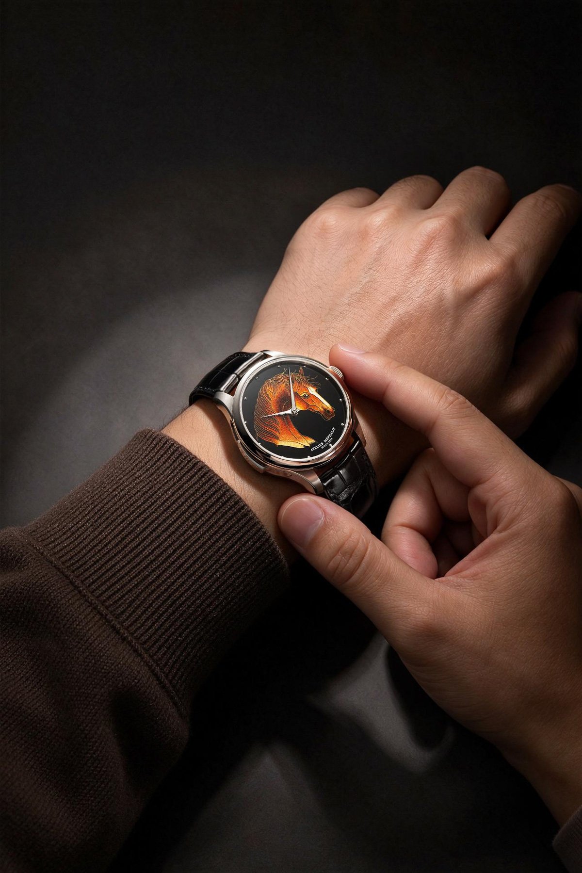 Atelier Mephalie Galloping Horse on wrist, finger on crown