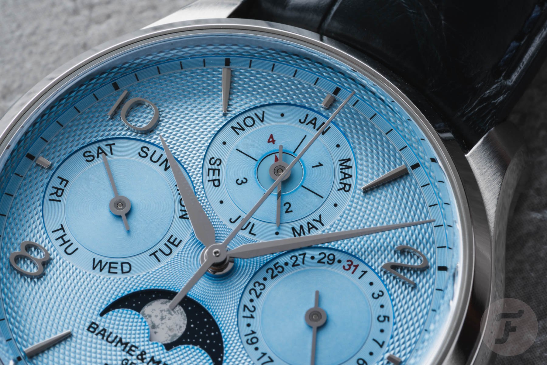 Baume & Mercier Clifton 10872 perpetual calendar dial up close