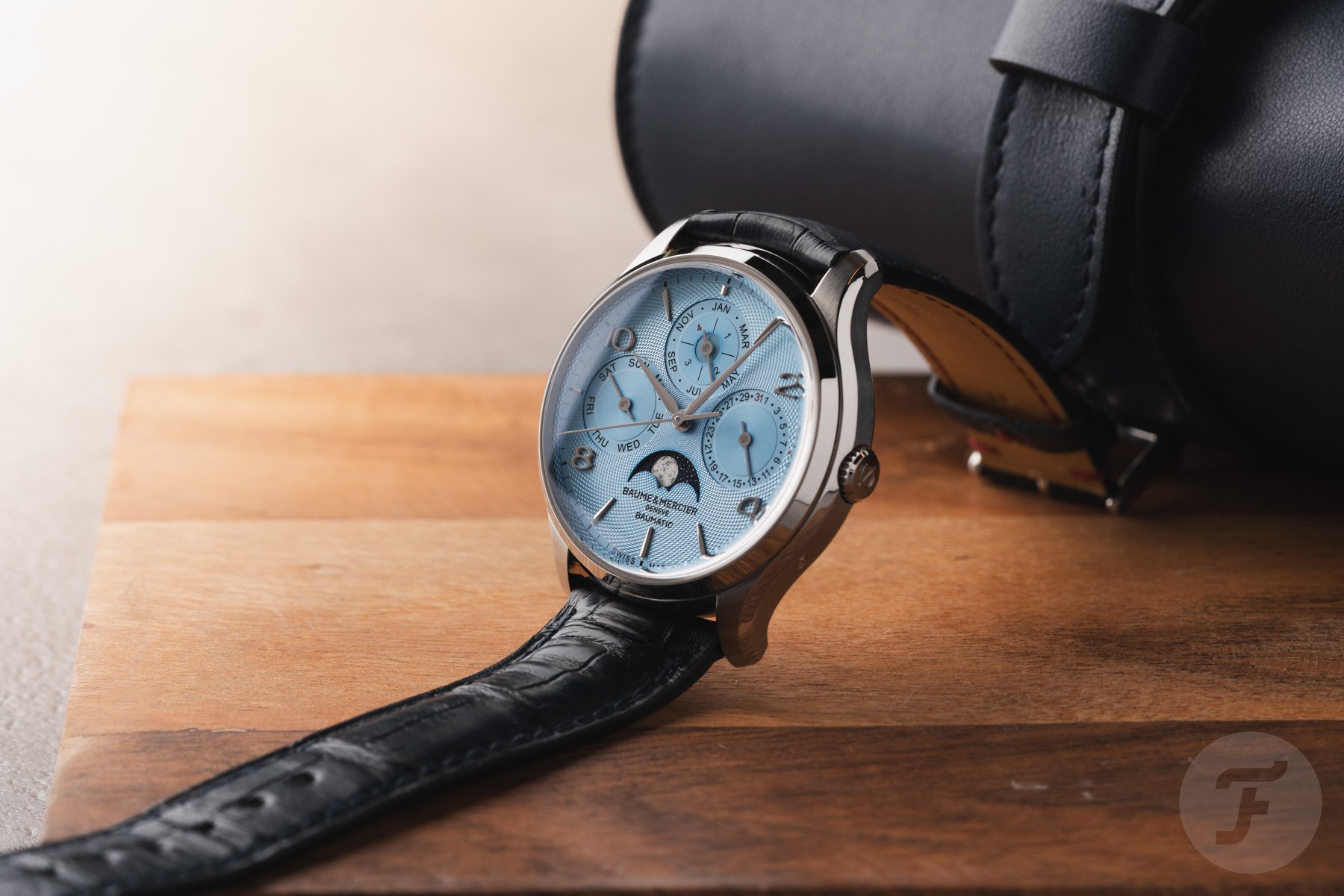Baume & Mercier Clifton 10872 perpetual calendar propped up