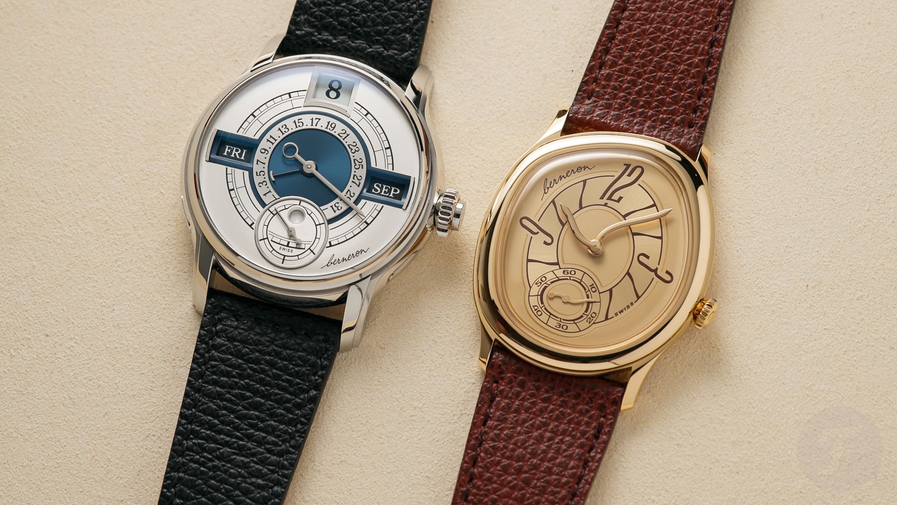 Berneron Quantième Annuel and Mirage side by side, flat-lay