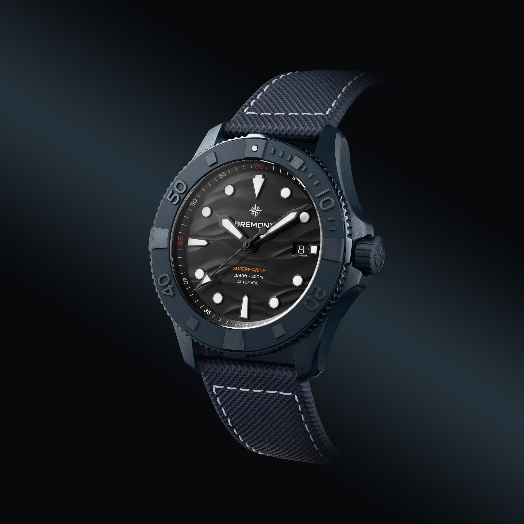 angled view of Bremont Supermarine Full Ceramic Deep Blue