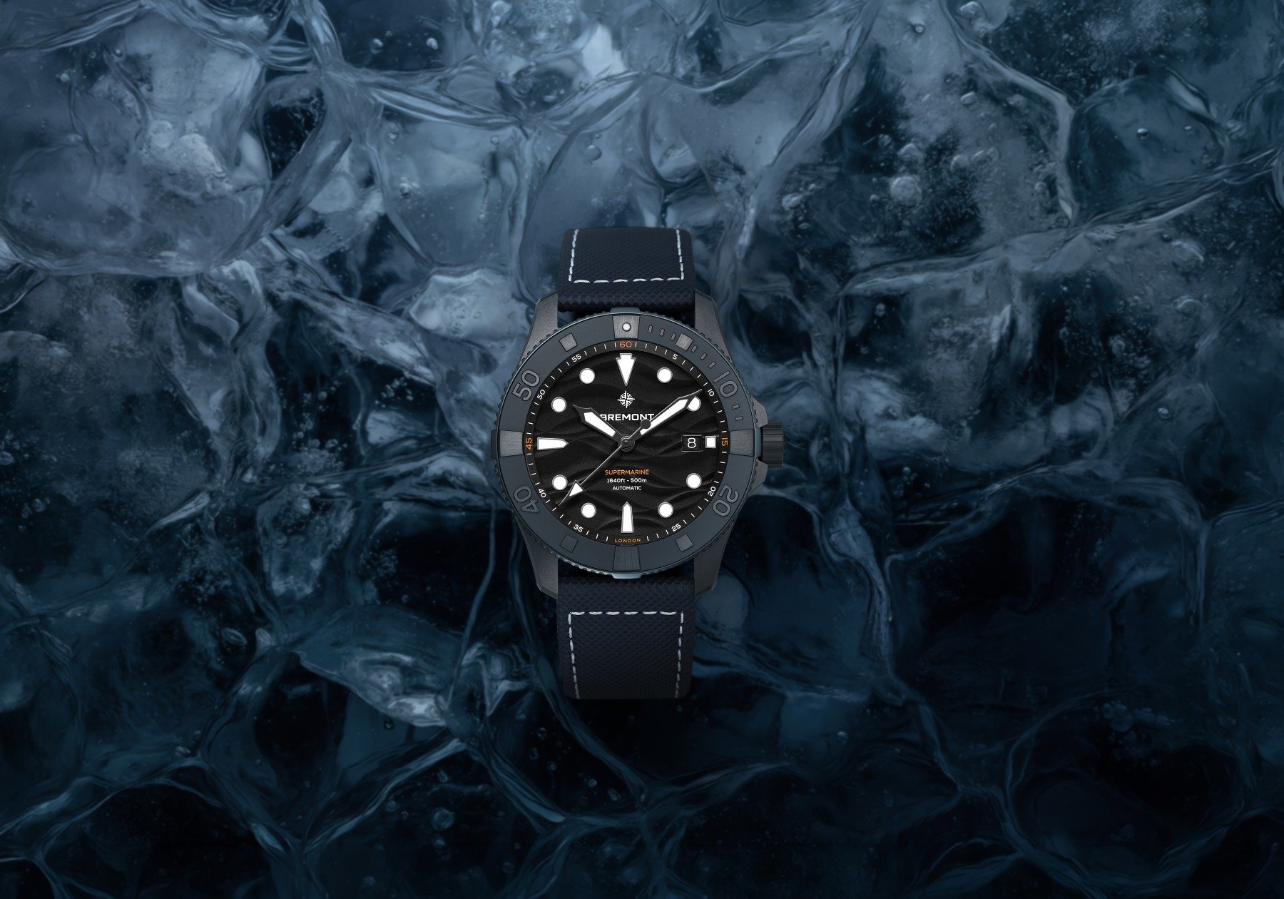 Bremont Supermarine Full Ceramic Deep Blue head on against icy background