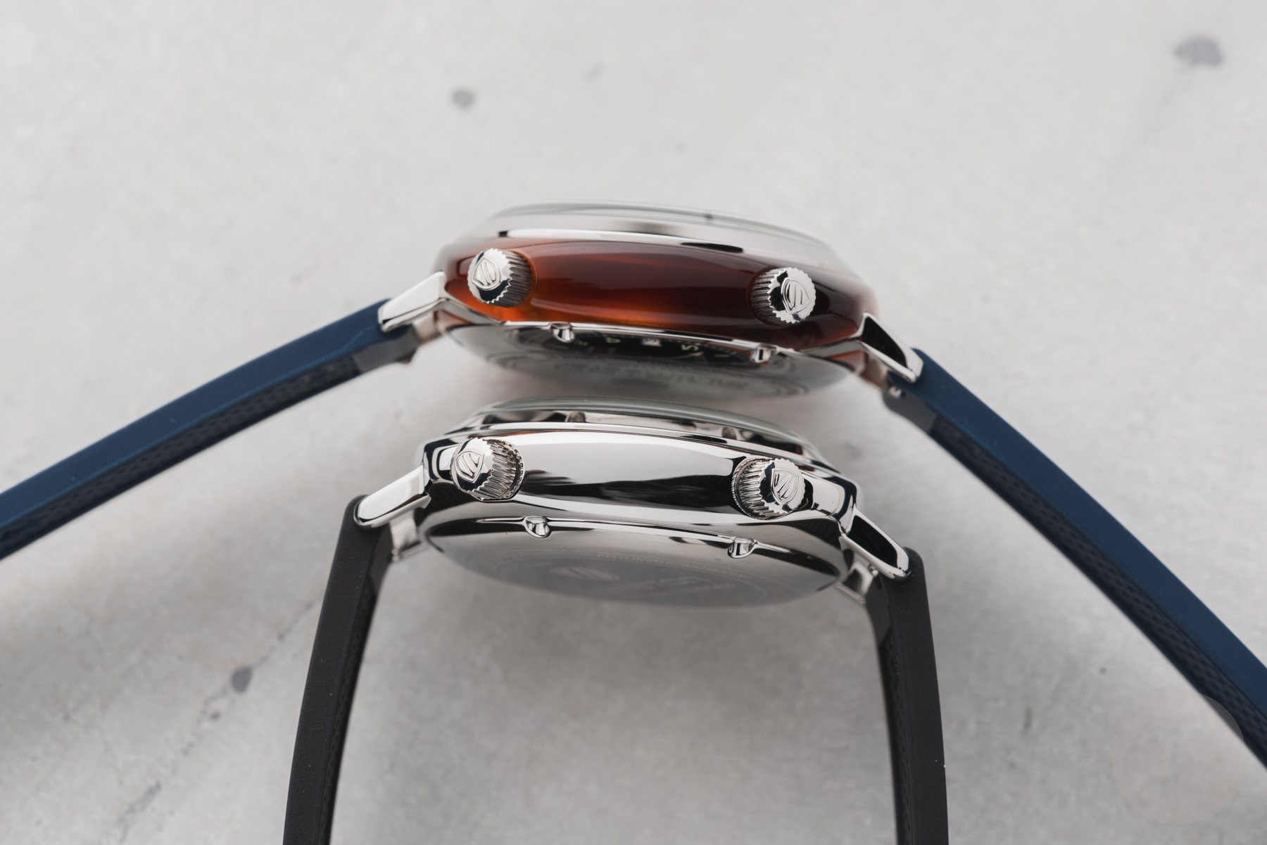 Briston Clubmaster Legend Compressor acetate and all-steel models case profile, crown side