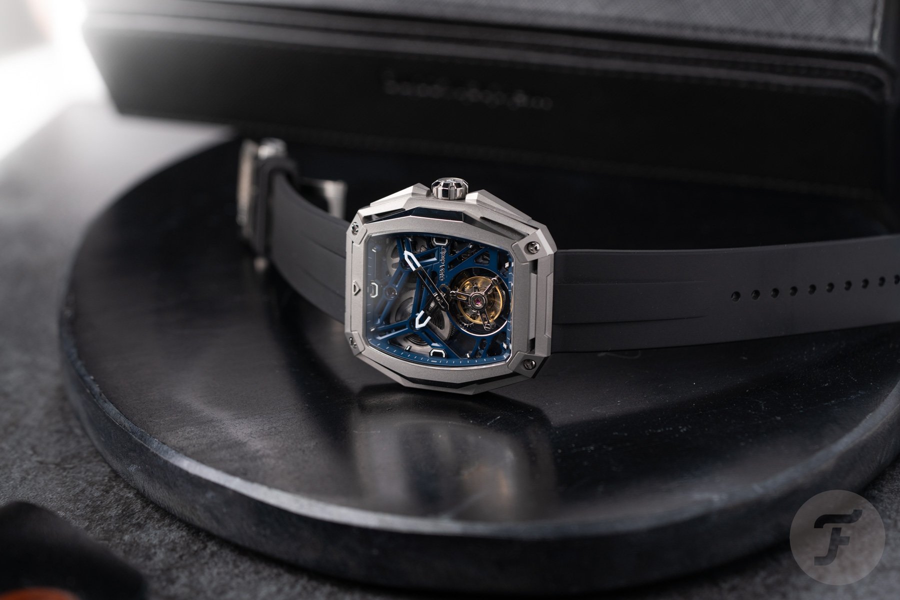 CIGA Design Hunter Tourbillon on its side, crown up