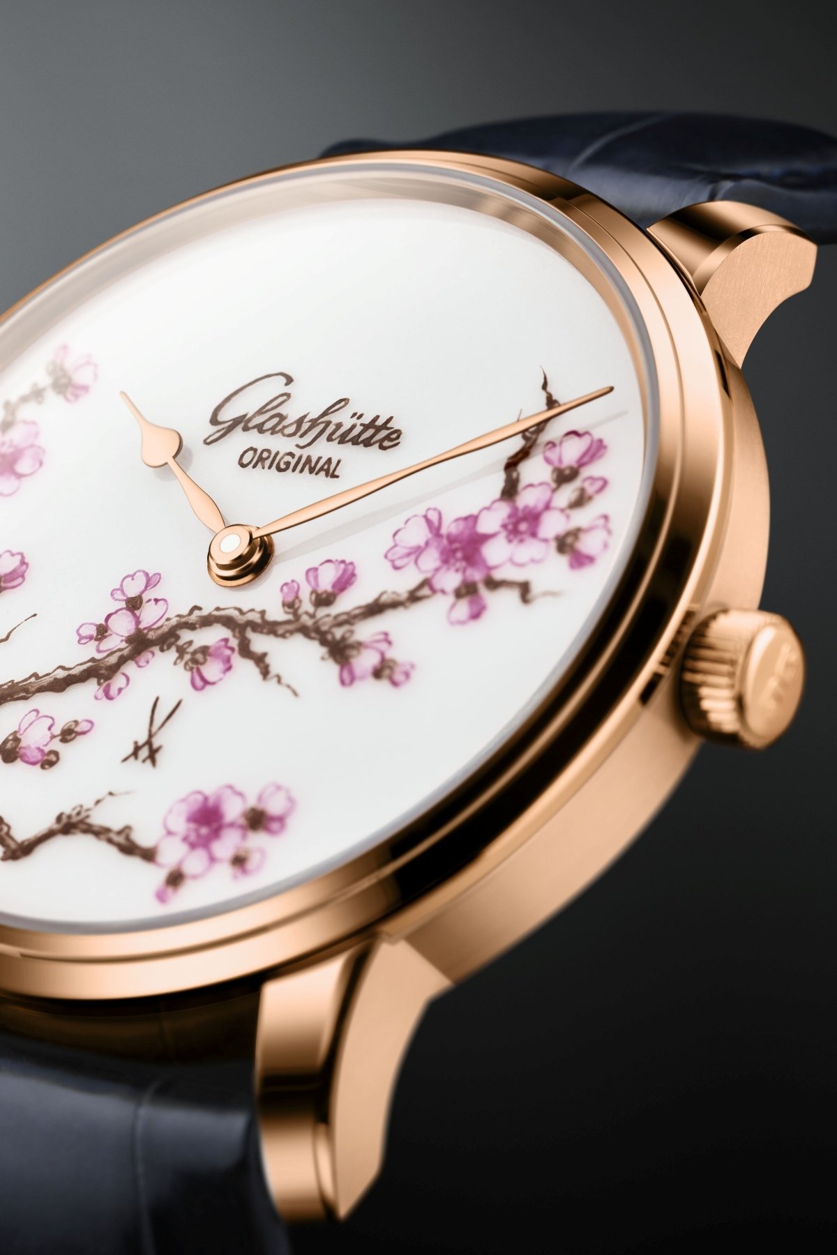 Dial and case side of the Glashütte Original × Meissen Senator Cherry Blossom