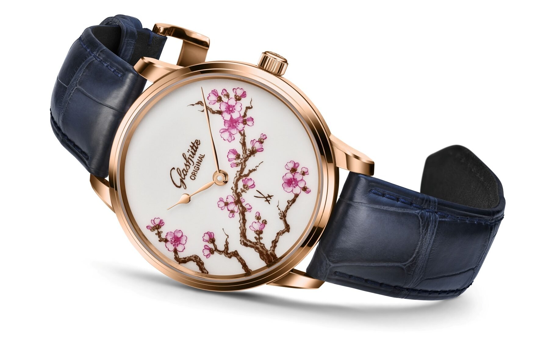 Glashütte Original × Meissen Senator Cherry Blossom on its side, crown up