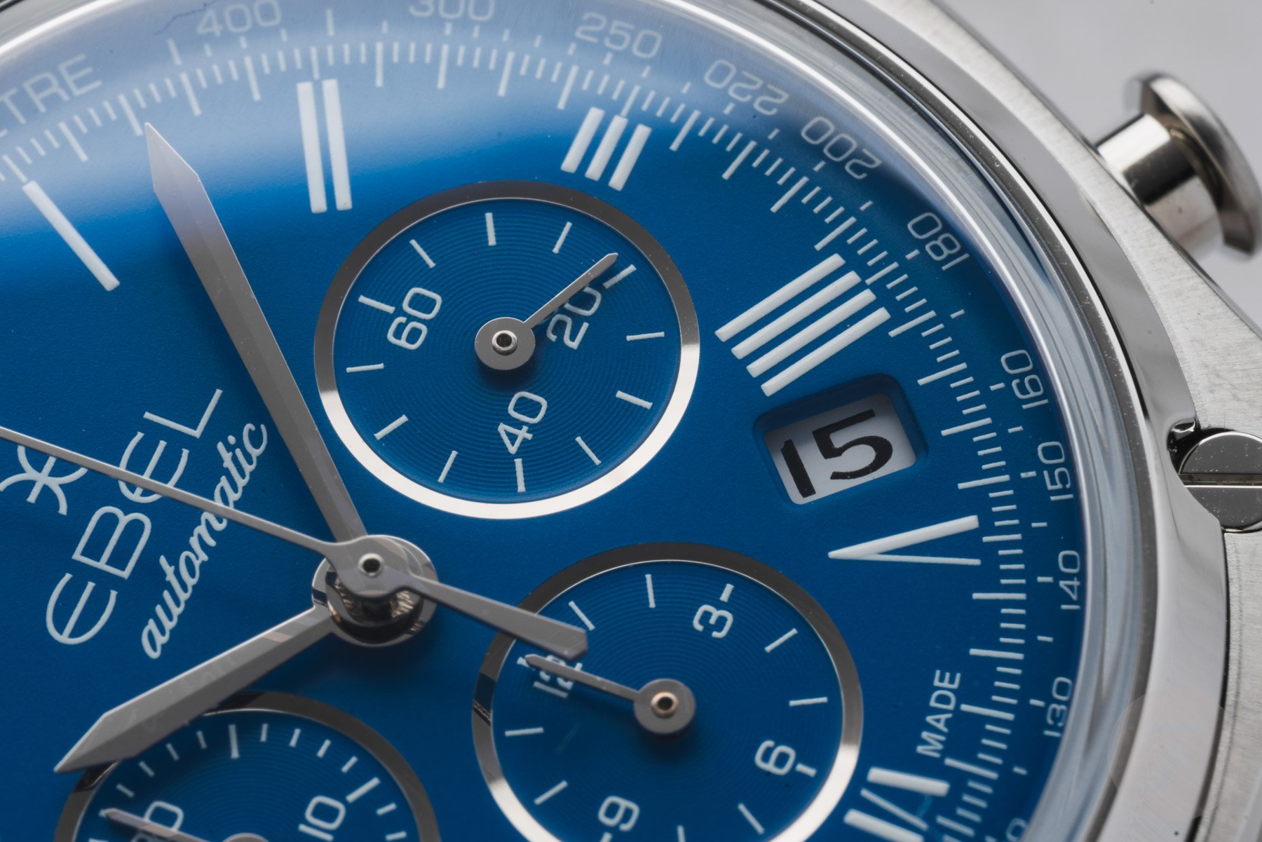 steel blue-dial Ebel Sport Classic Chronograph LE macro shot
