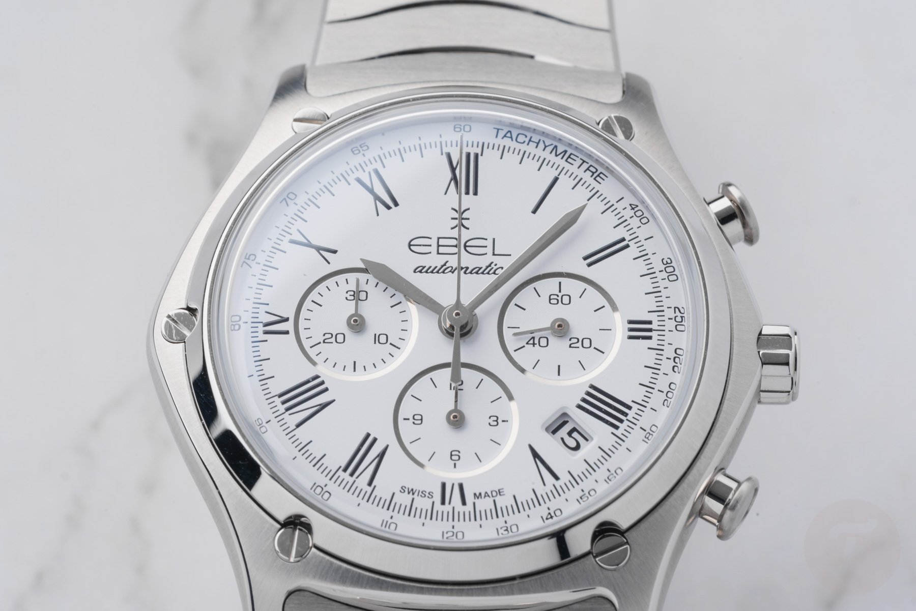 steel white-dial Ebel Sport Classic Chronograph LE up close
